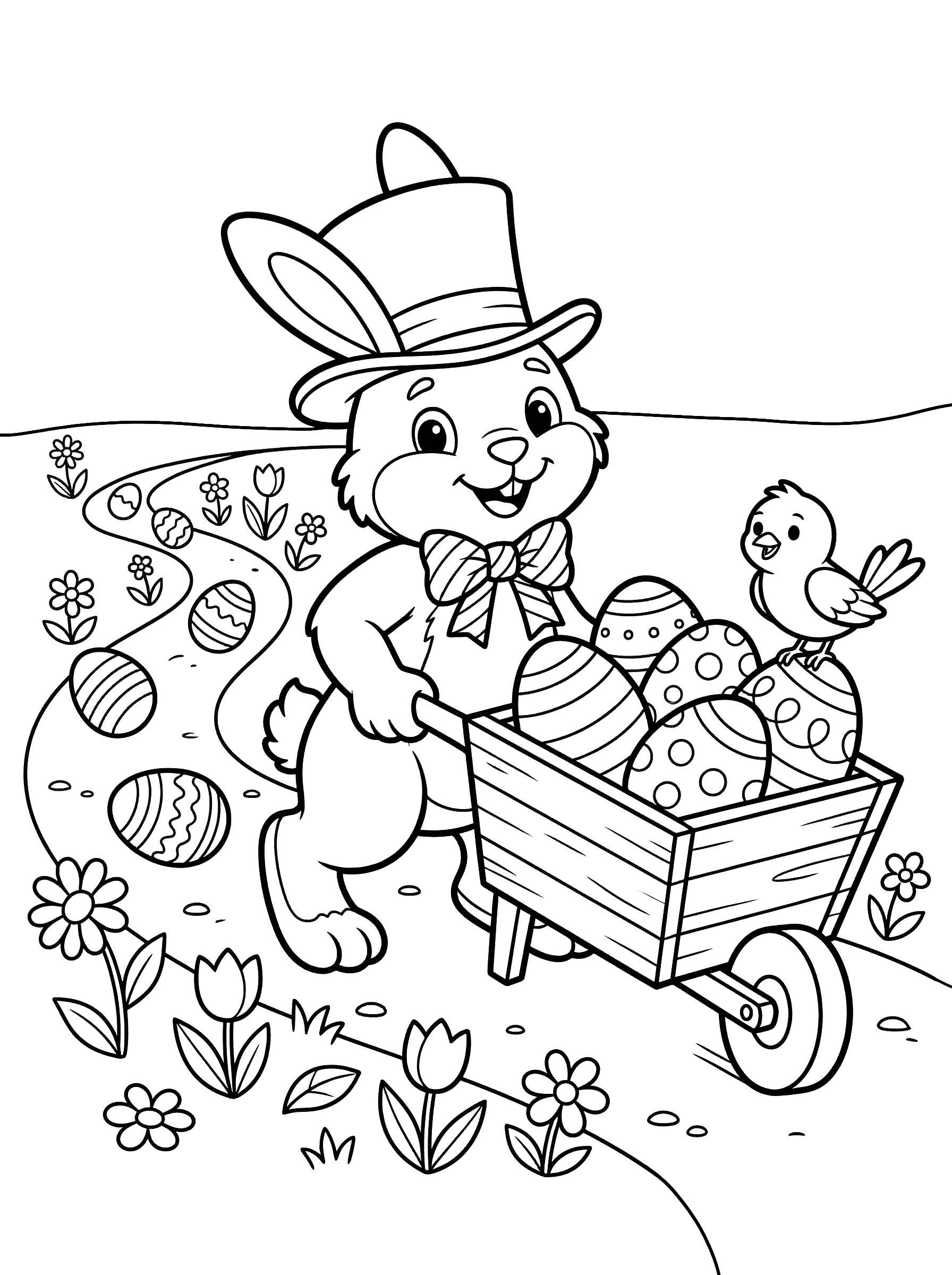 Bunny Pushing Wheelbarrow of Easter Eggs Coloring Page