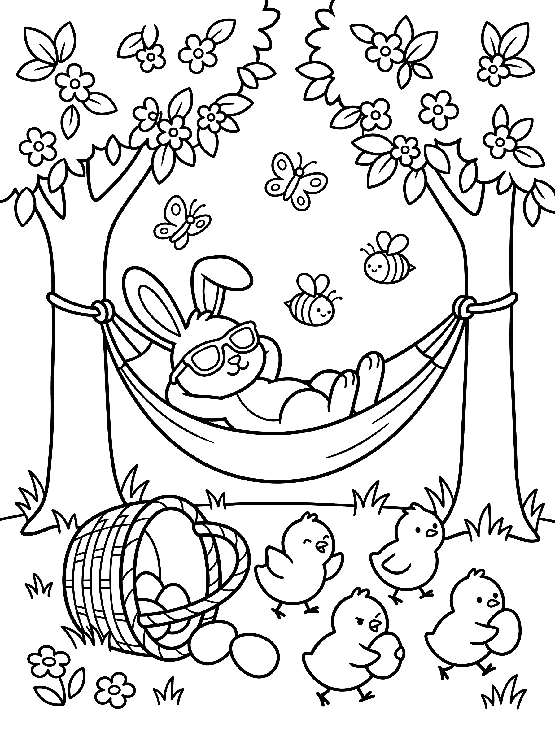 Bunny Sleeping in Hammock Chicks Stealing Eggs Coloring Page