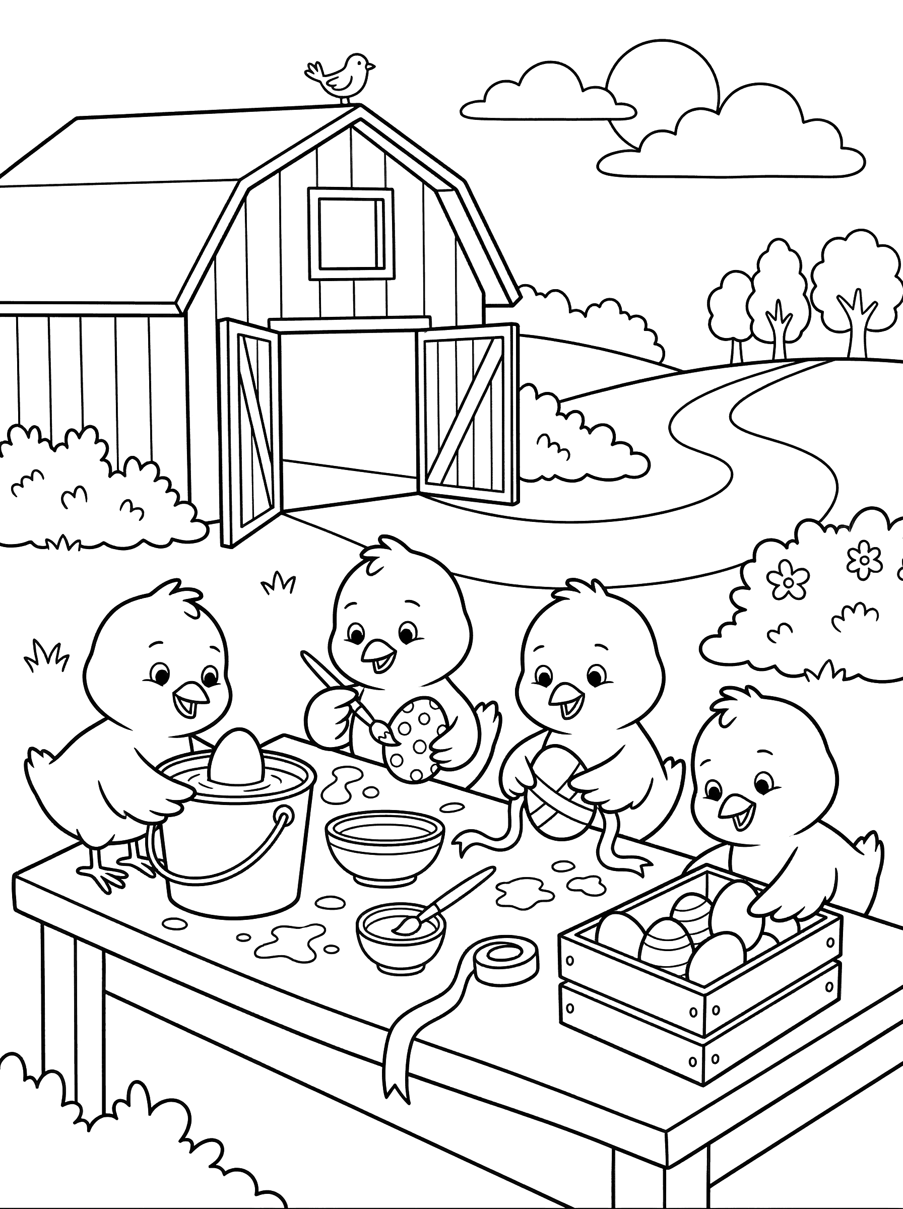 Chicks Running Egg Decorating Factory Coloring Page