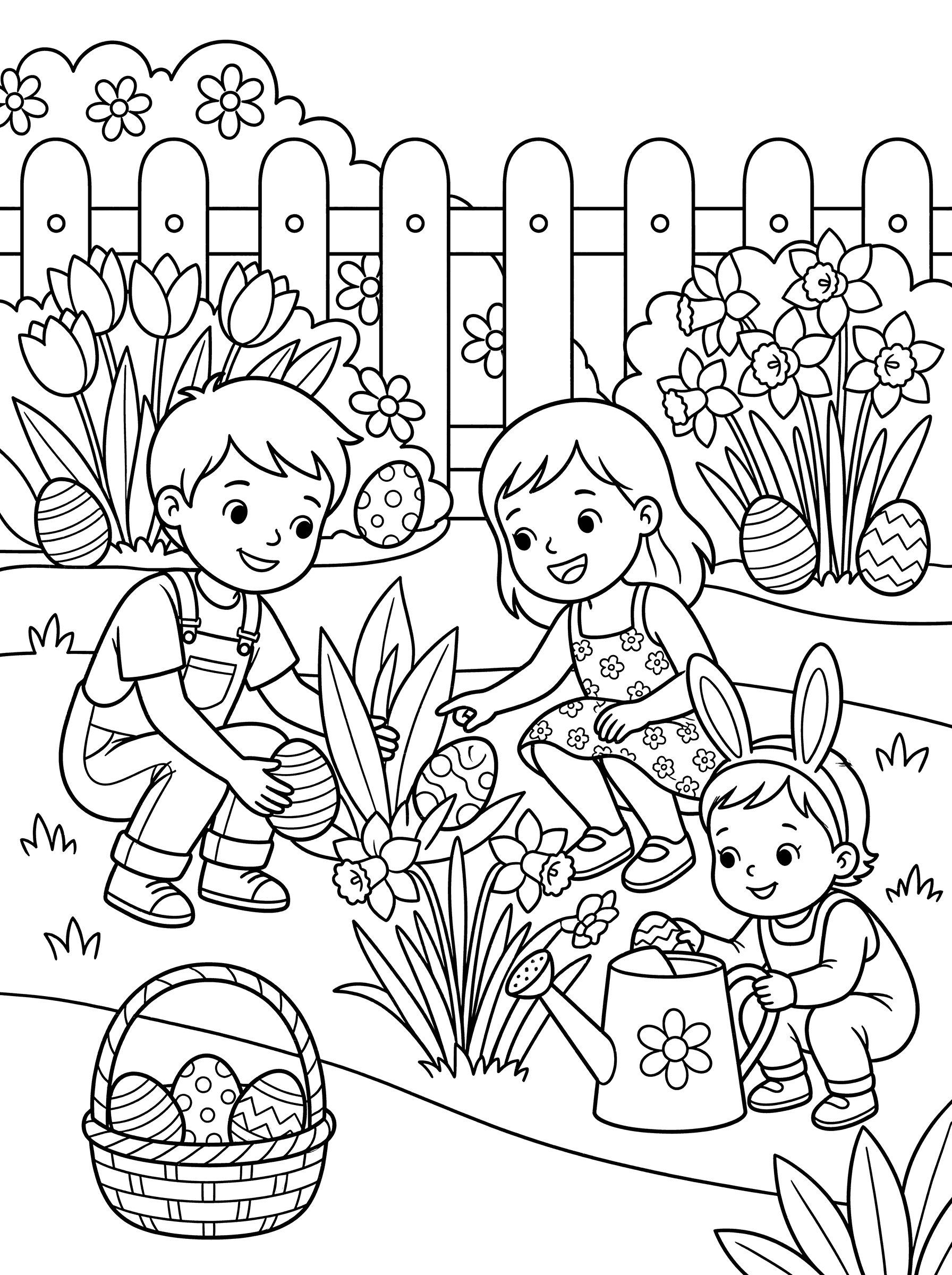 Children Easter Egg Hunt in Garden Coloring Page