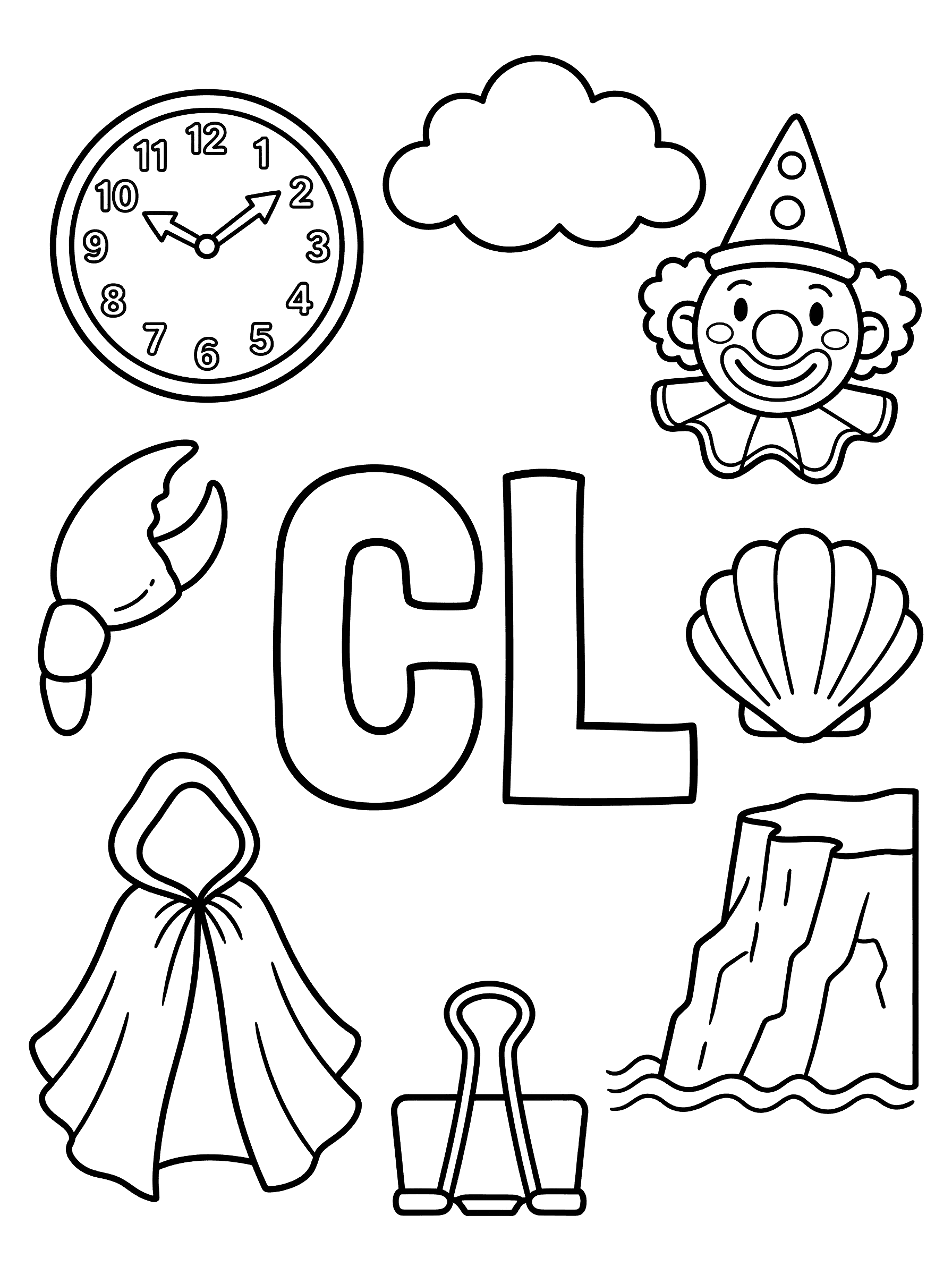 CL Letter Blend with Clock Cloud Clown Coloring Page