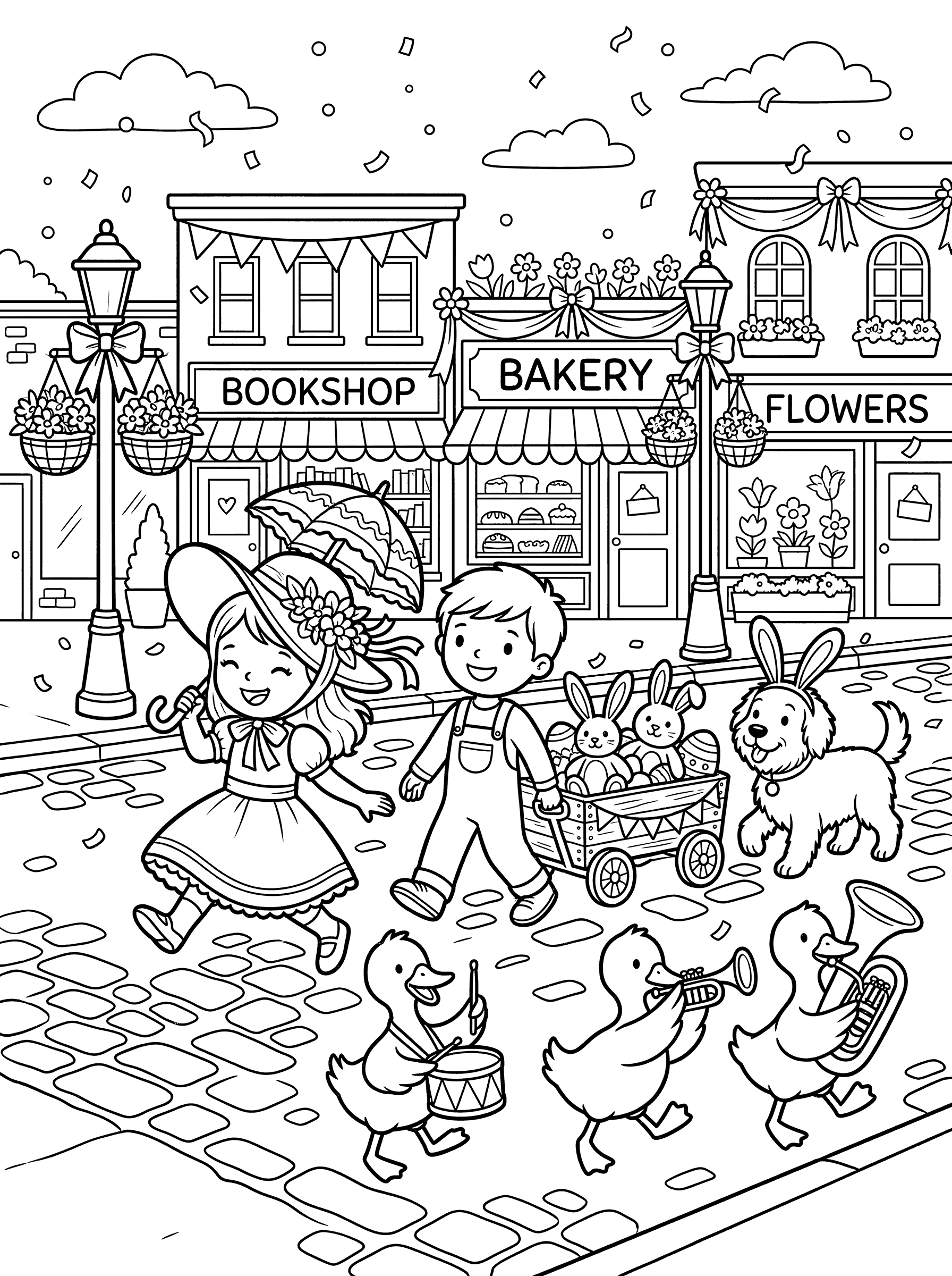 Easter Bonnet Parade on Main Street Coloring Page