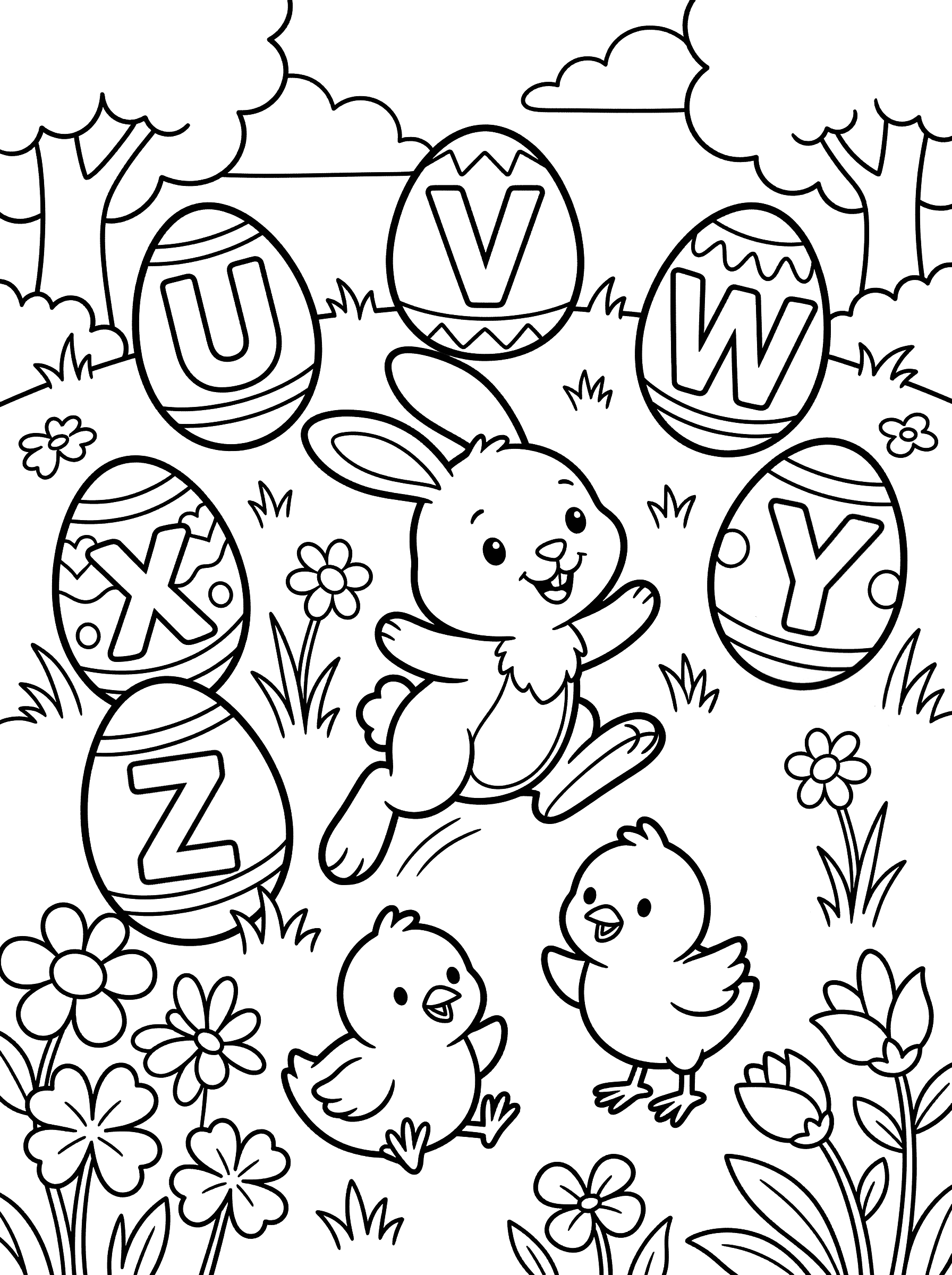 Easter Bunny with Alphabet Eggs U-Z Coloring Page