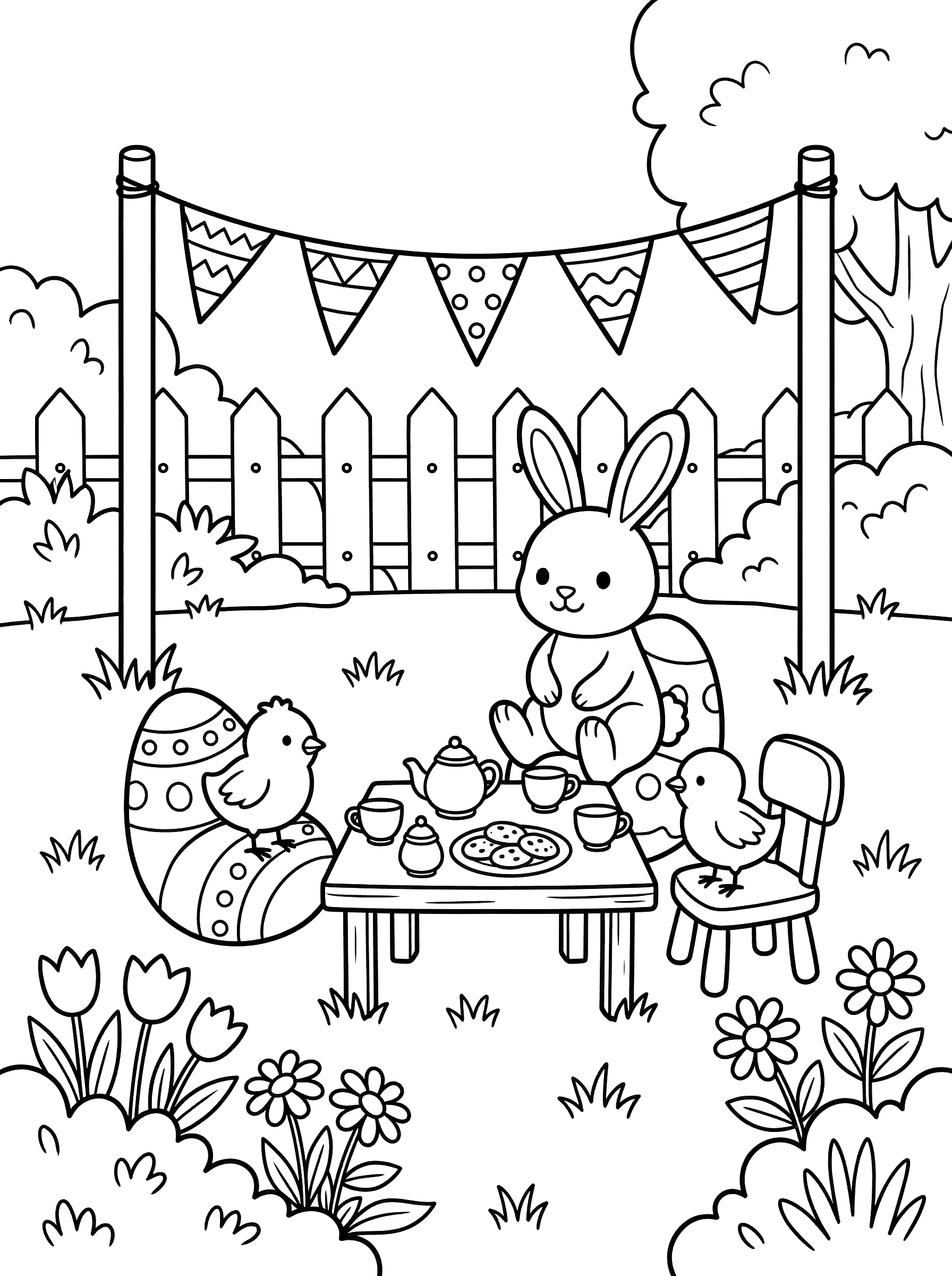 Easter Bunny Tea Party With Chicks Coloring Page