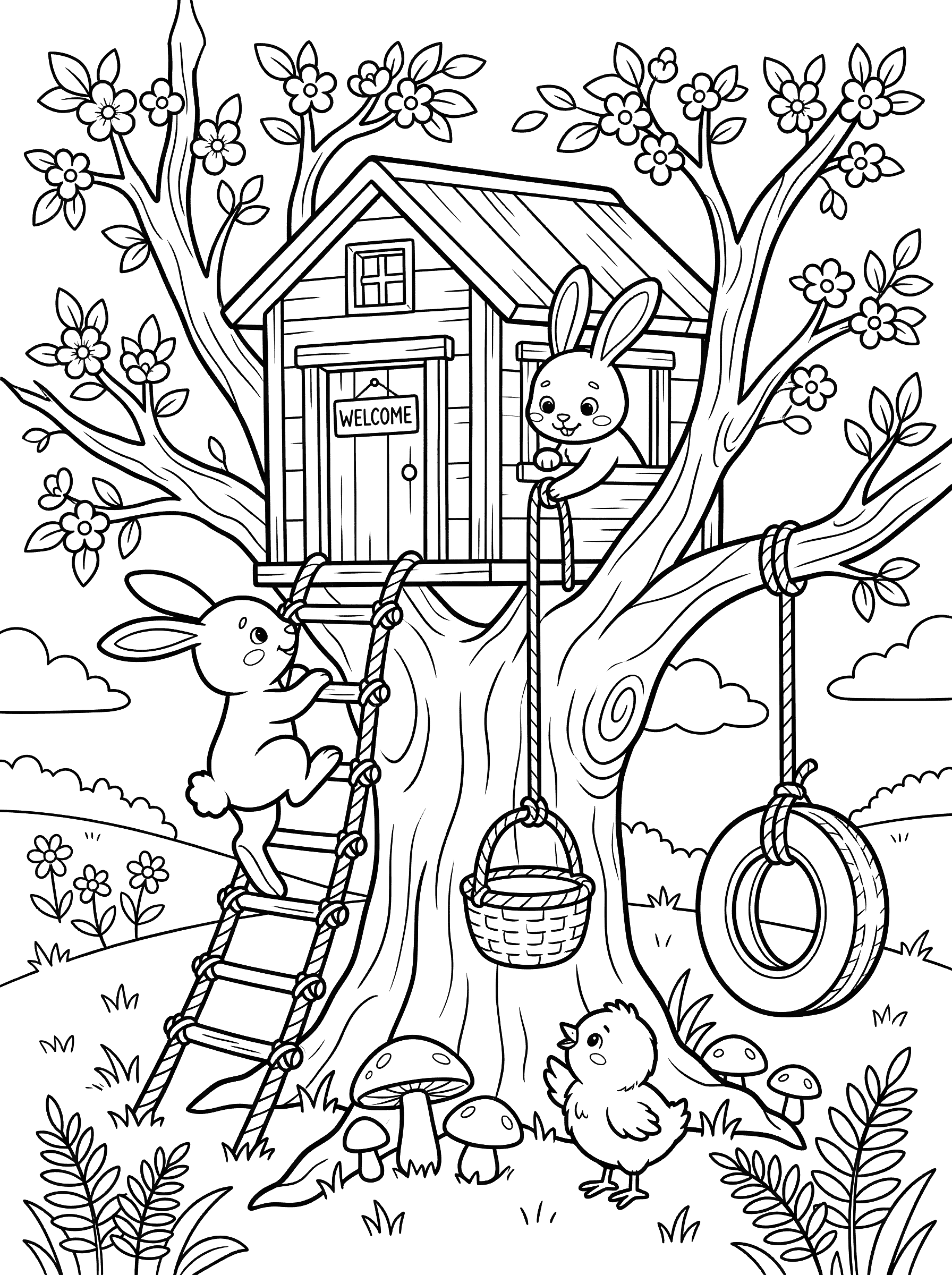 Easter Bunny Treehouse Coloring Page