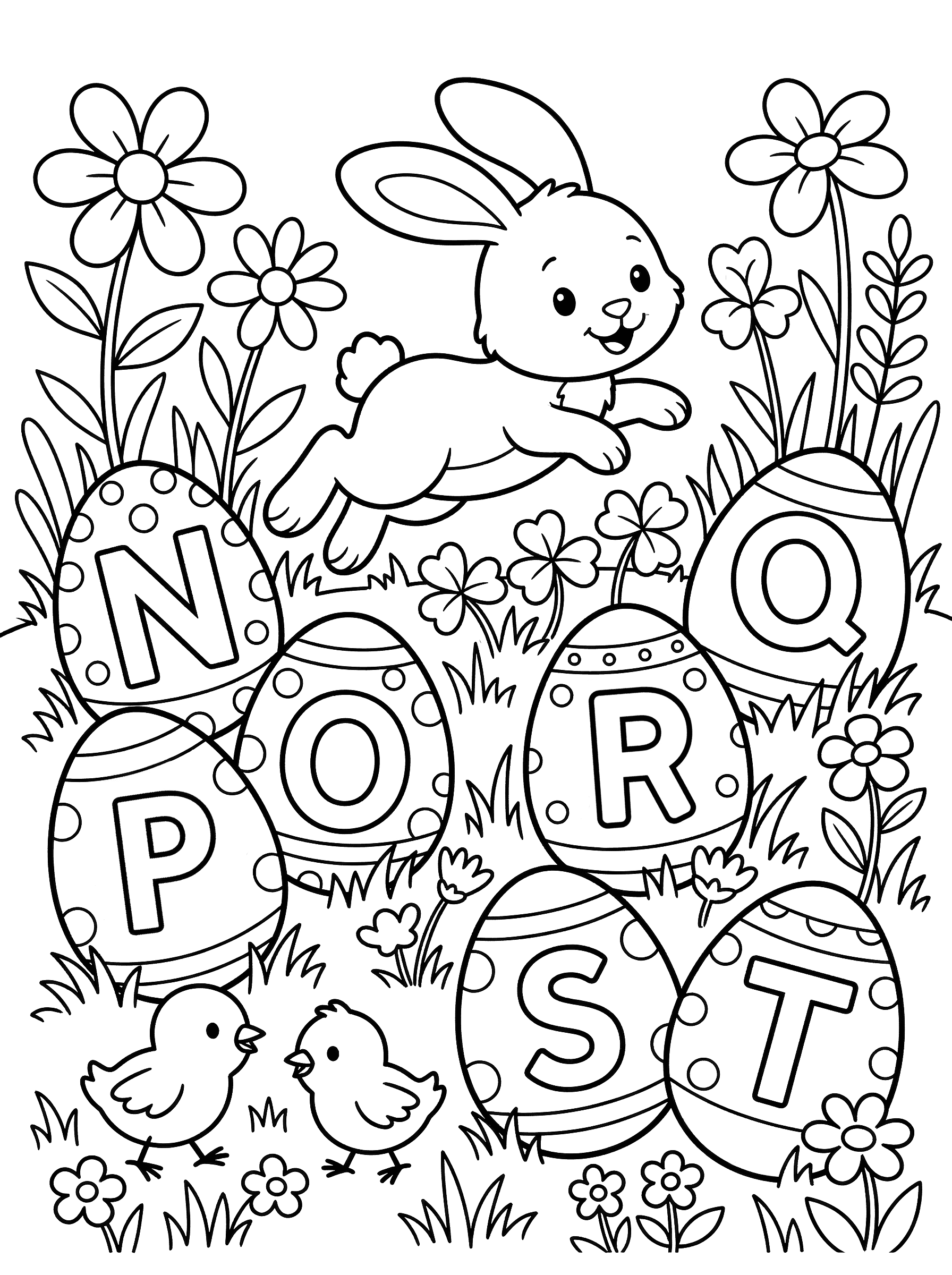 Easter Bunny with Alphabet Eggs N-T Coloring Page