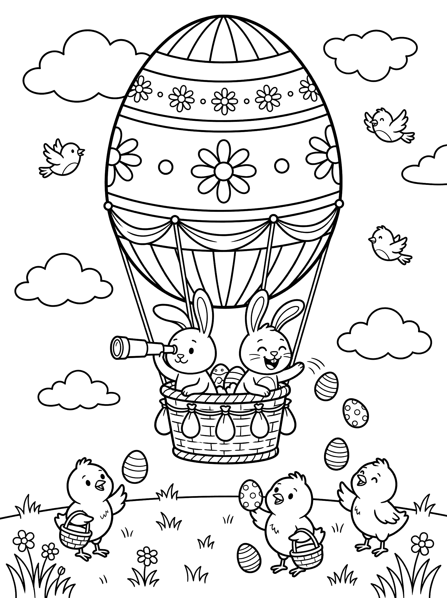 Easter Egg Hot Air Balloon With Bunnies Coloring Page