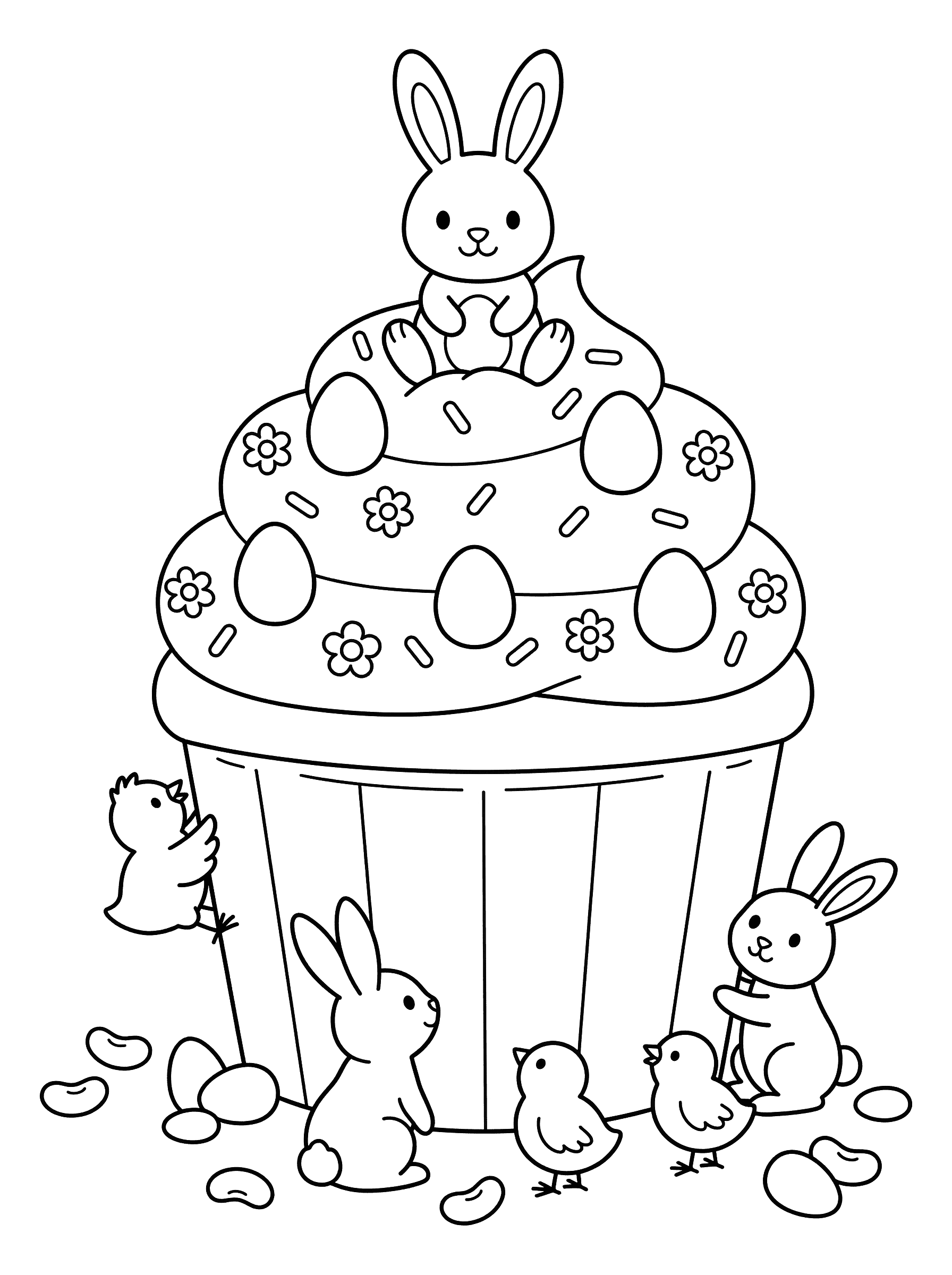 Giant Easter Cupcake With Bunnies and Chicks Coloring Page