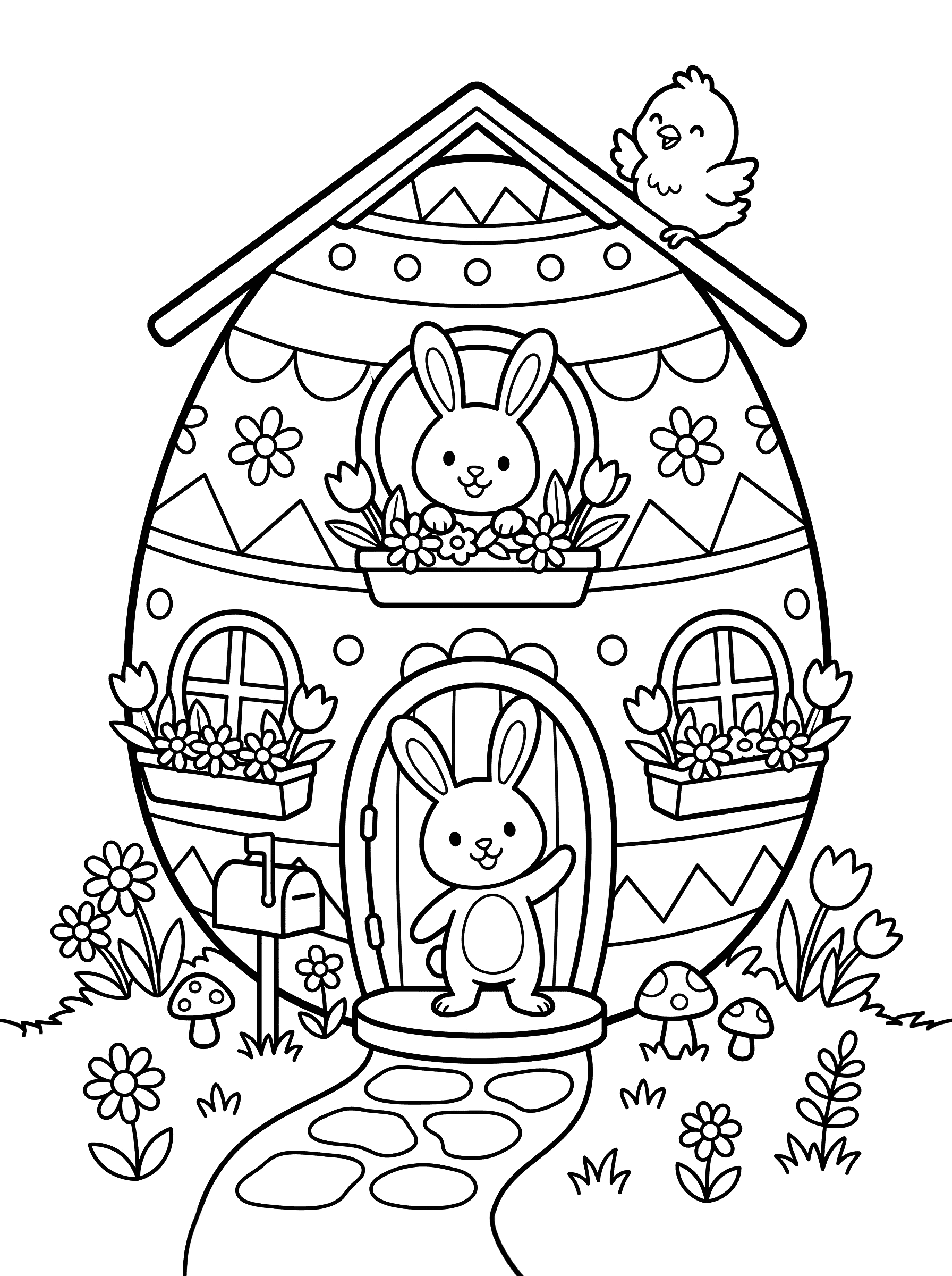 Giant Easter Egg House With Bunnies Coloring Page