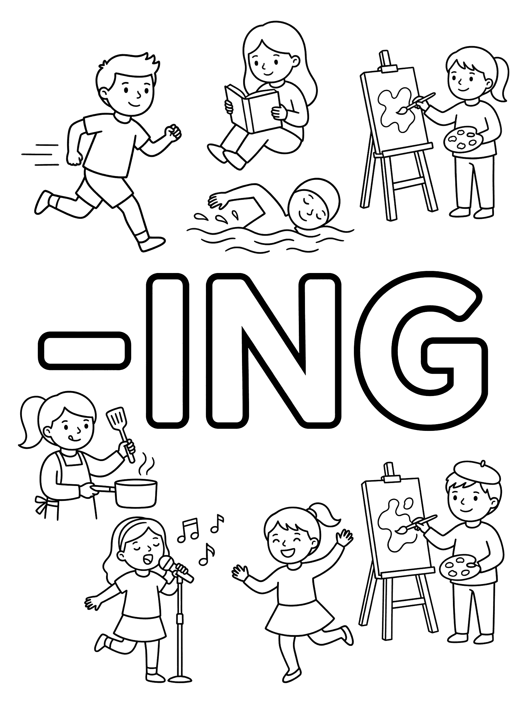 ING Suffix Learning Activity Coloring Page
