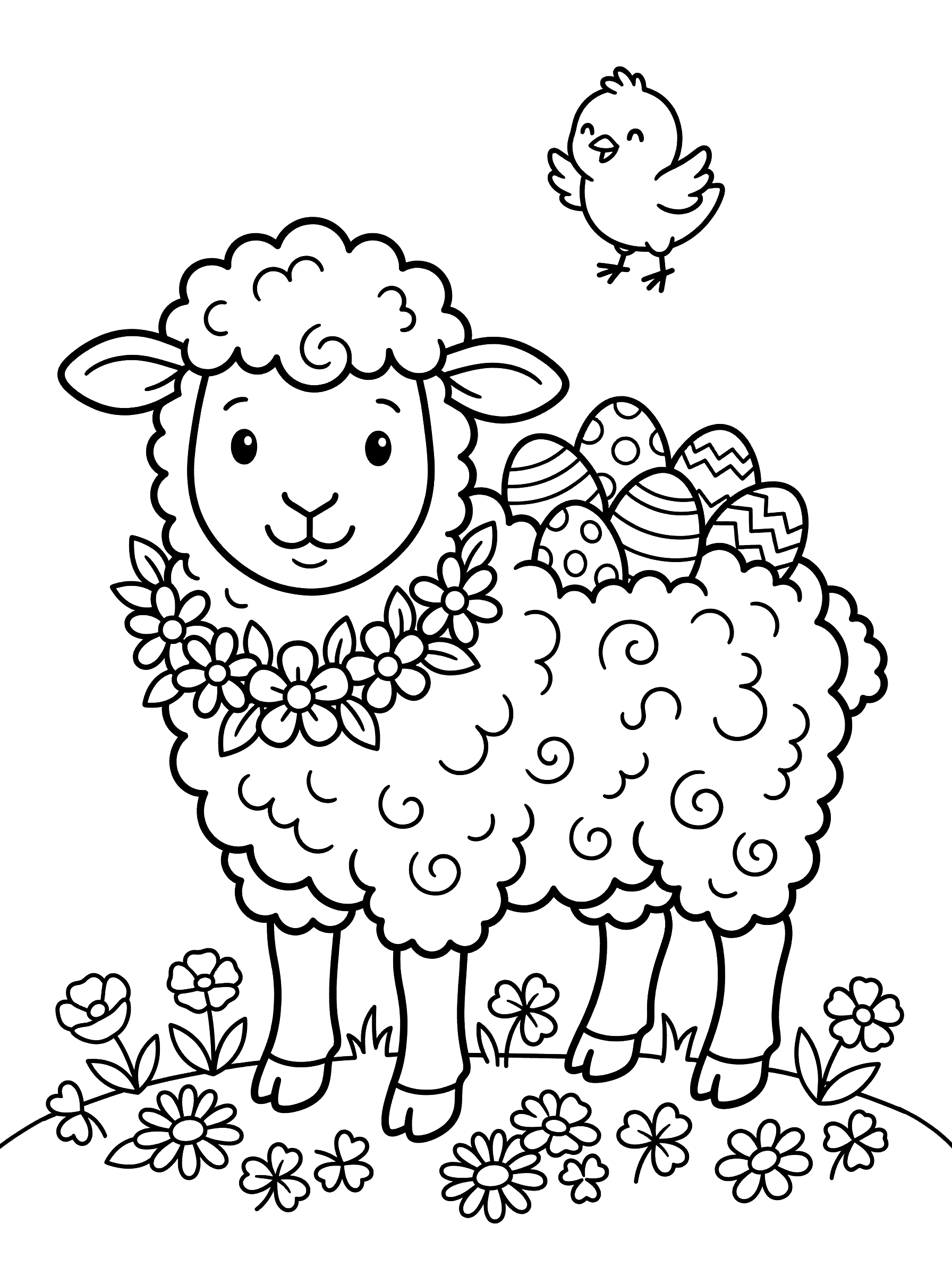 Lamb With Flower Wreath and Hidden Eggs Coloring Page