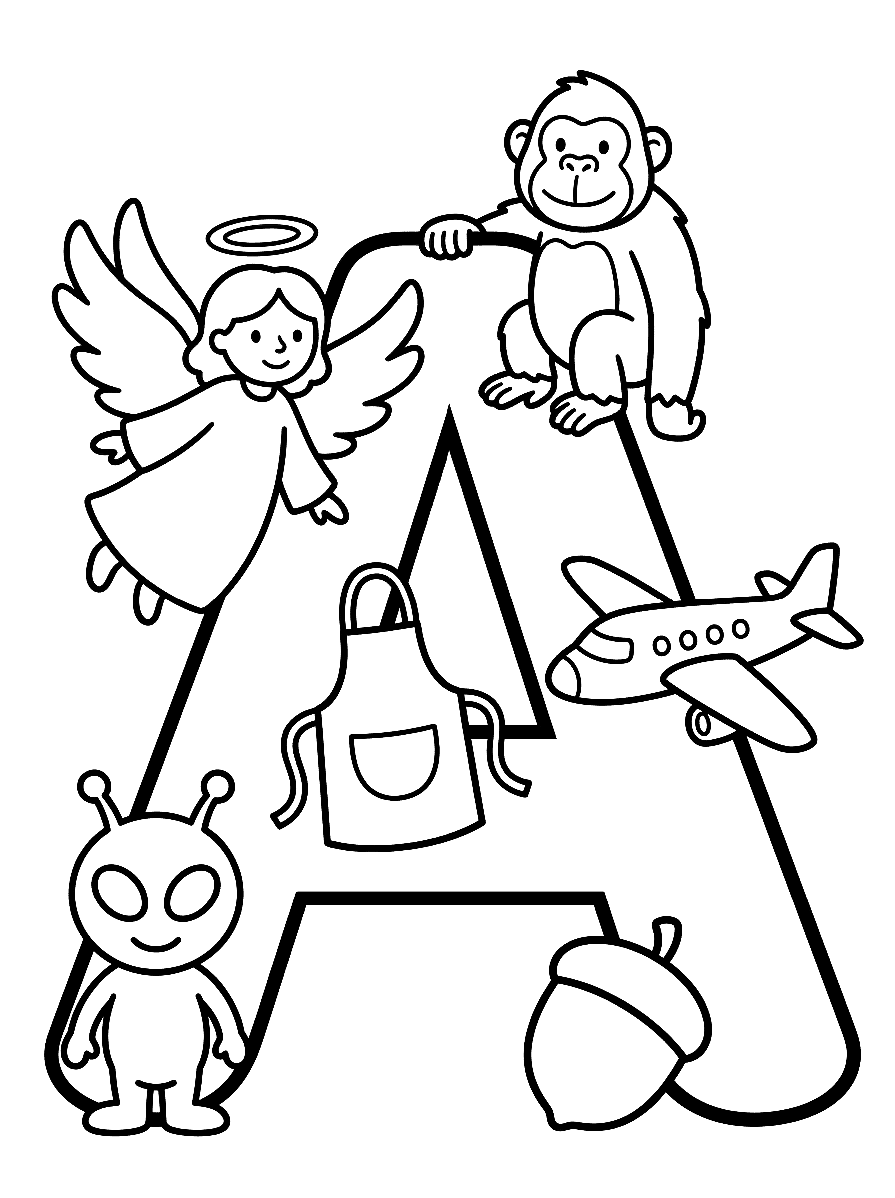 Letter A with Long A Sound Objects Coloring Page