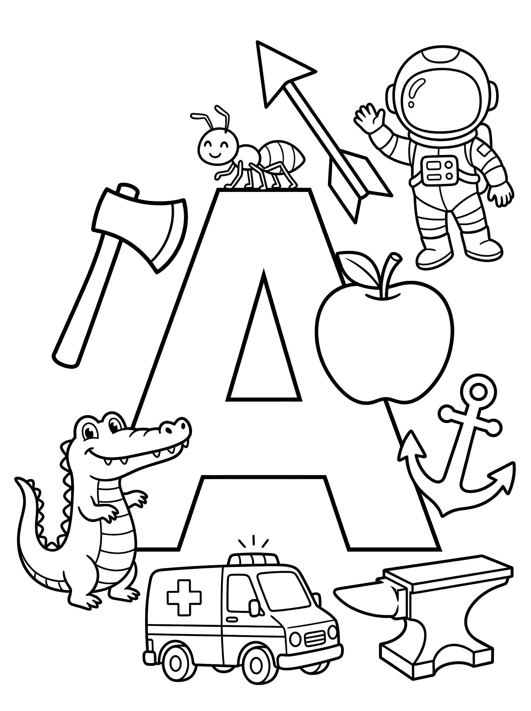 Letter A with Short A Sound Objects Coloring Page