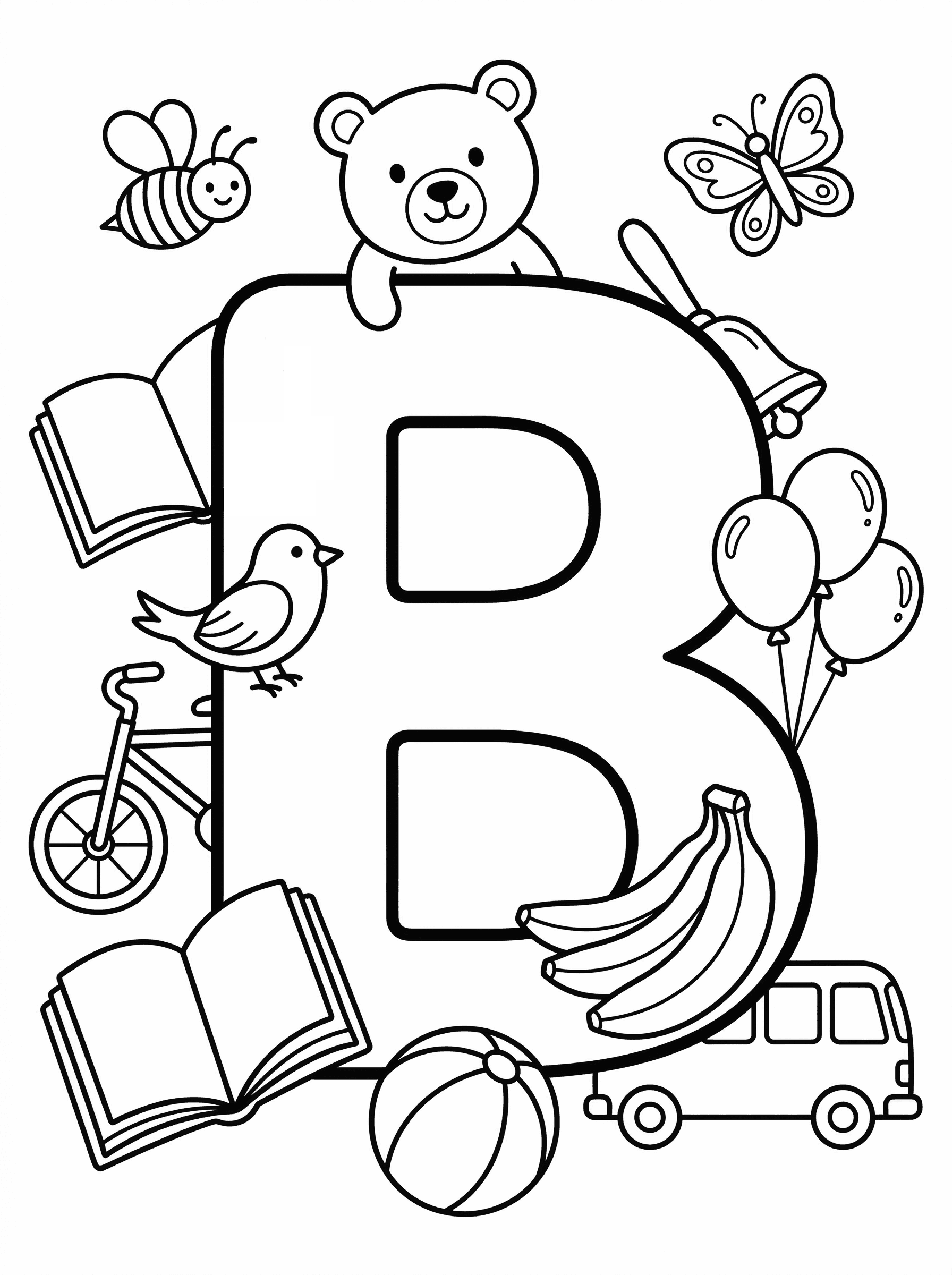 Letter B with Objects That Start with B Coloring Page