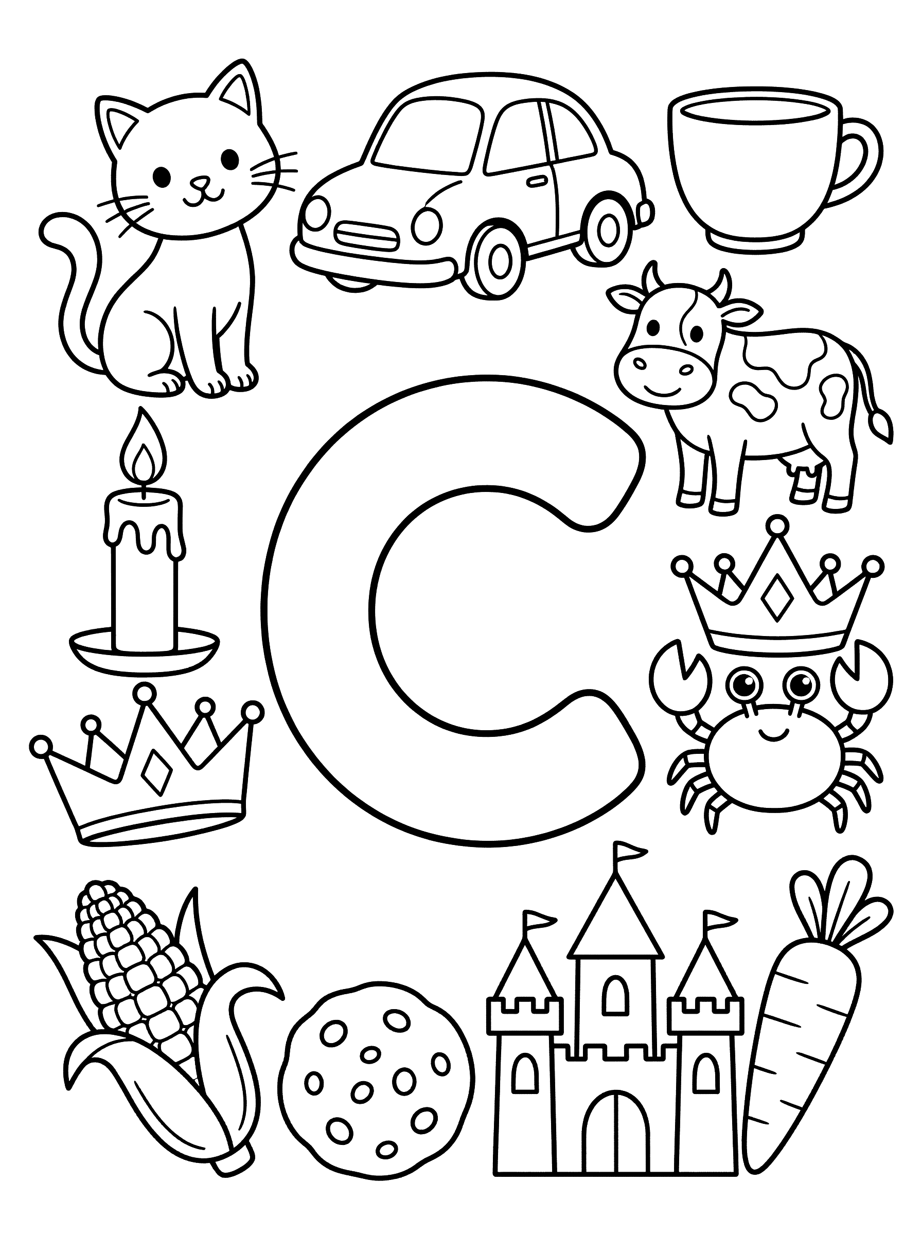 Letter C with Objects That Start with C Coloring Page