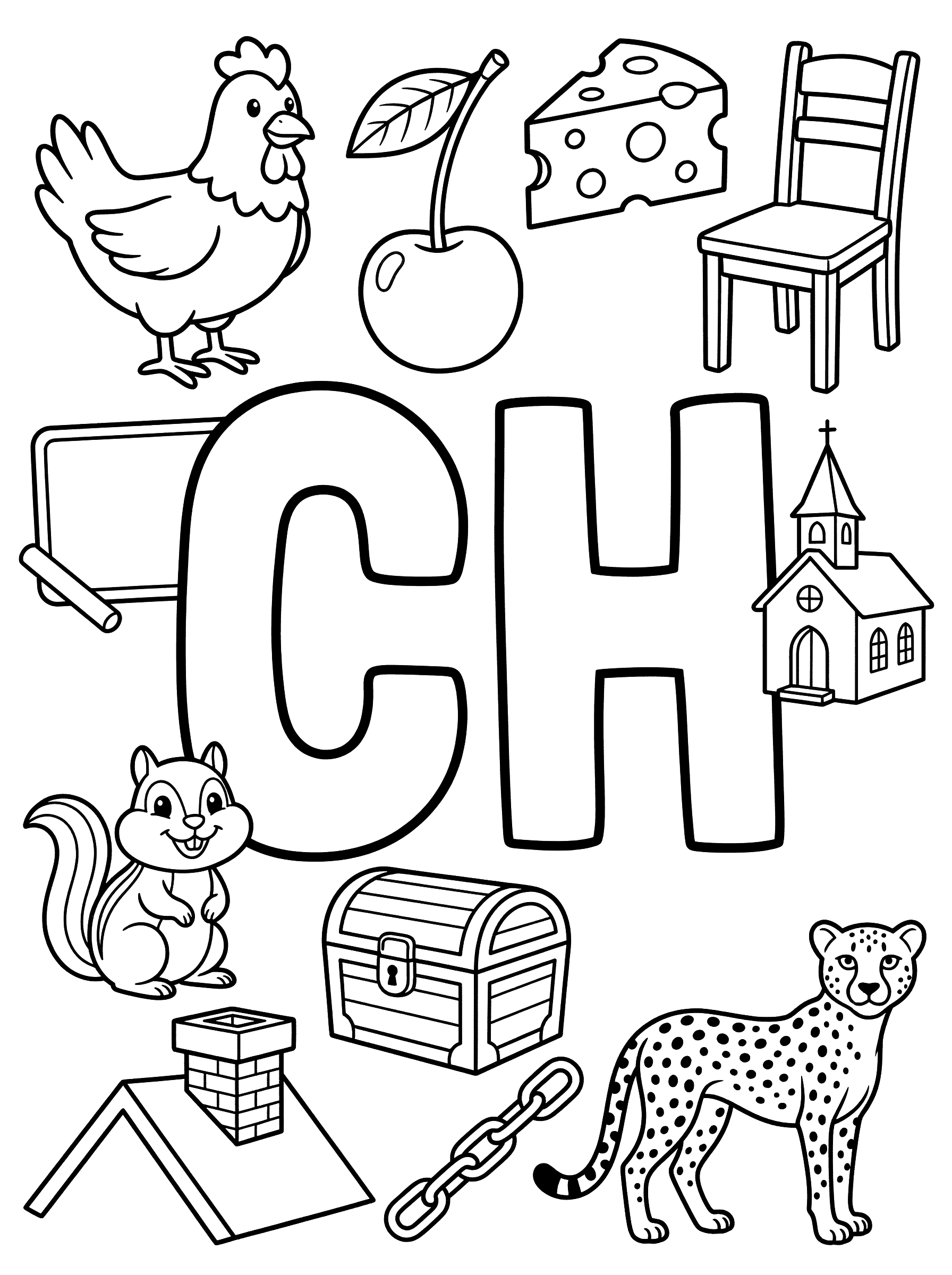 Letter CH with CH Sound Objects Coloring Page