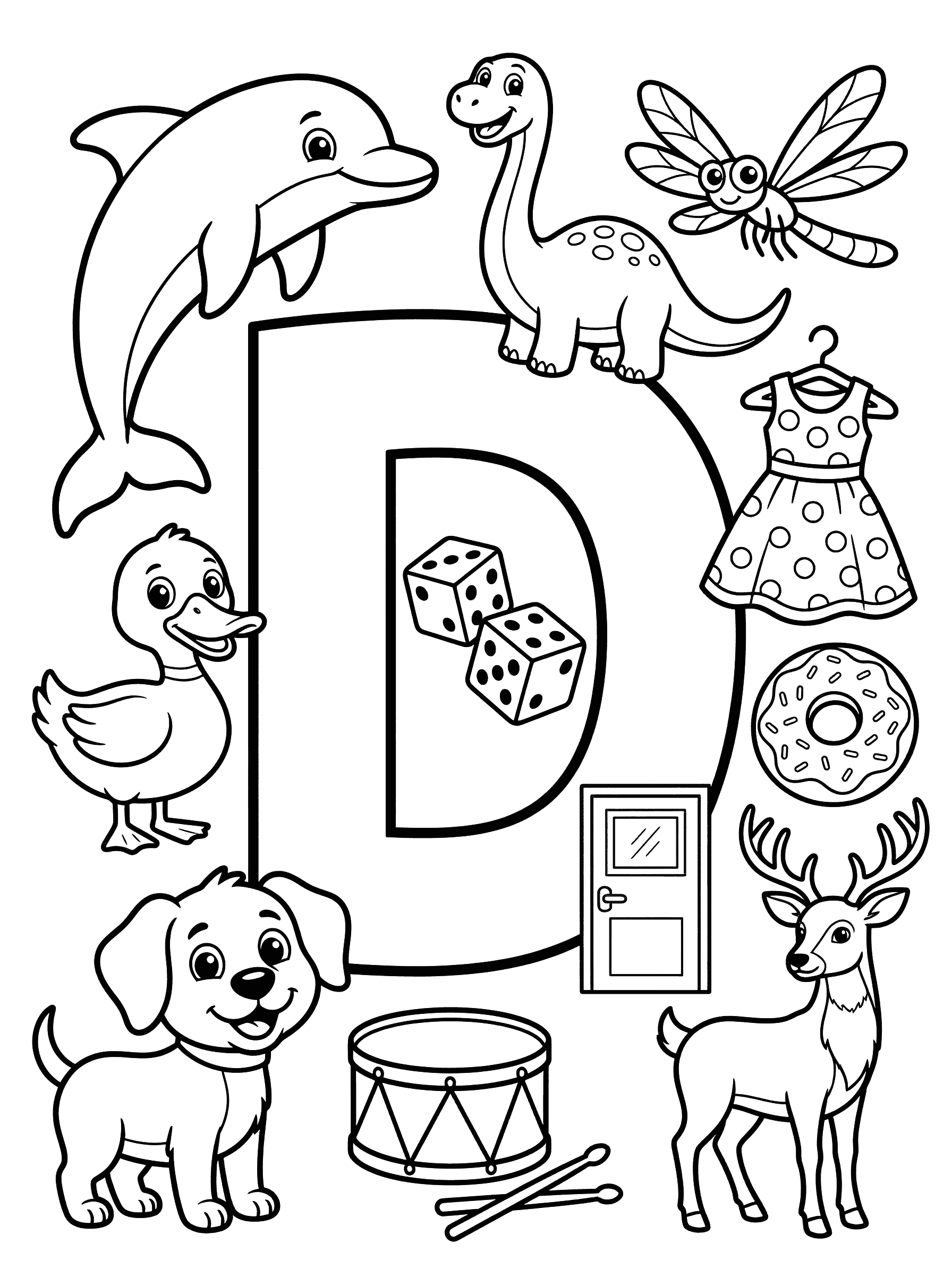 Letter D with Animals and Objects Coloring Page