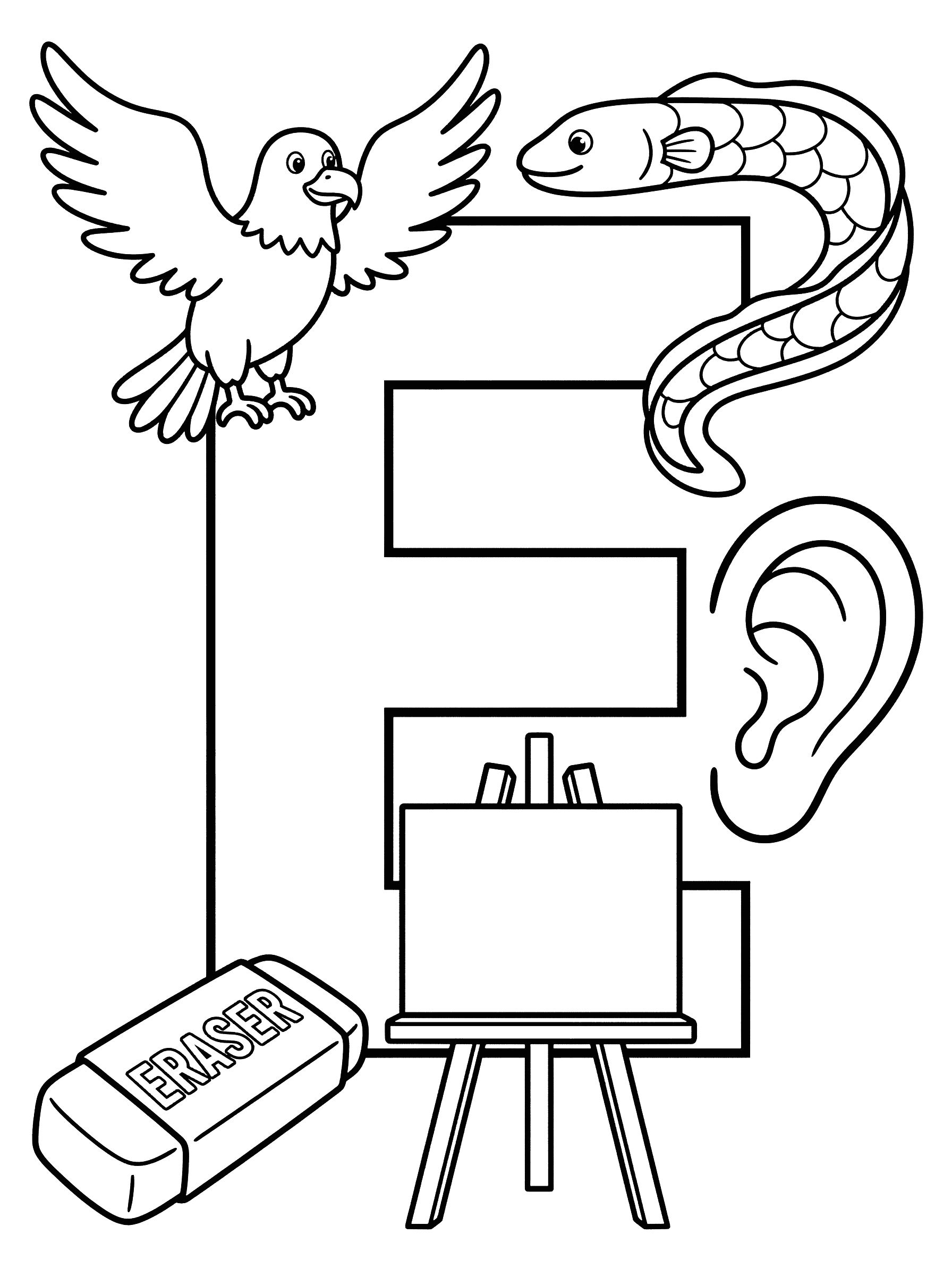 Letter E with Eagle Eel Ear Easel Eraser Coloring Page