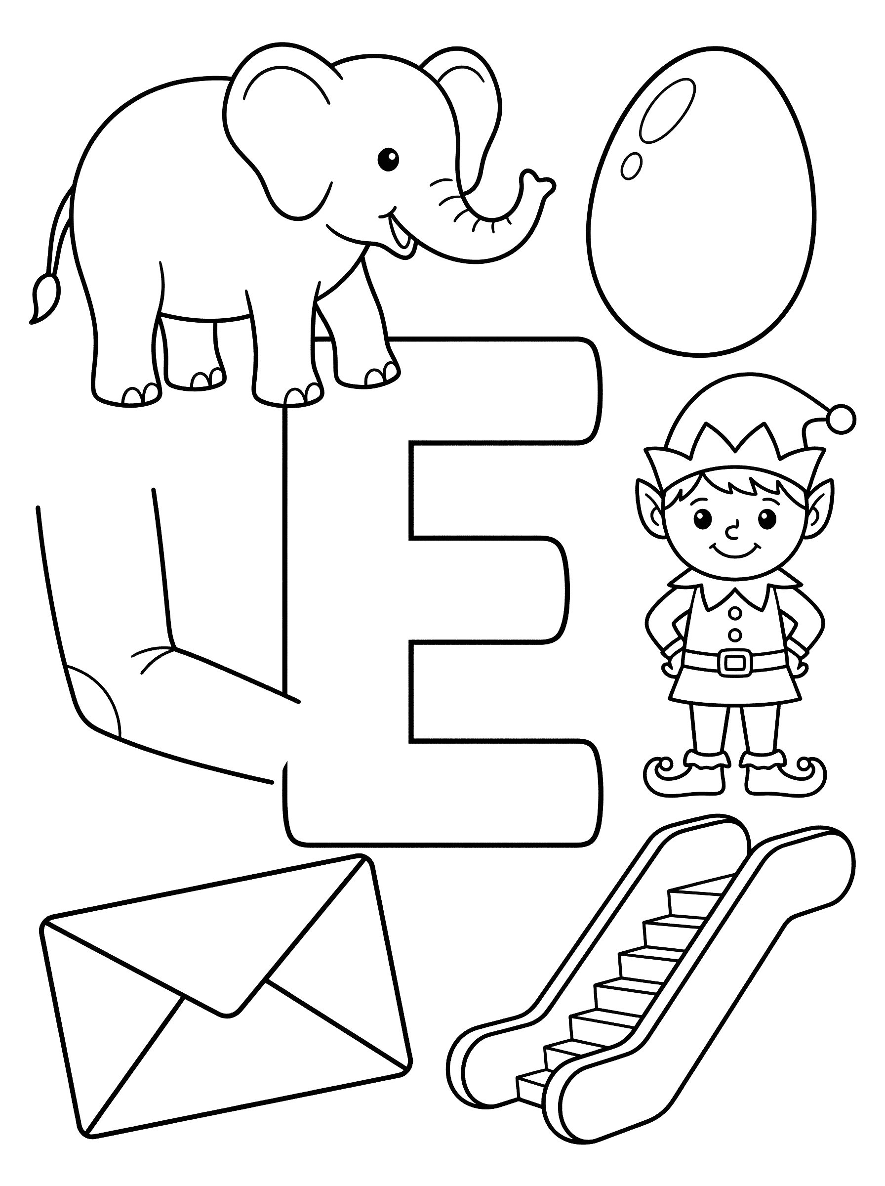 Letter E with Short E Sound Items Coloring Page