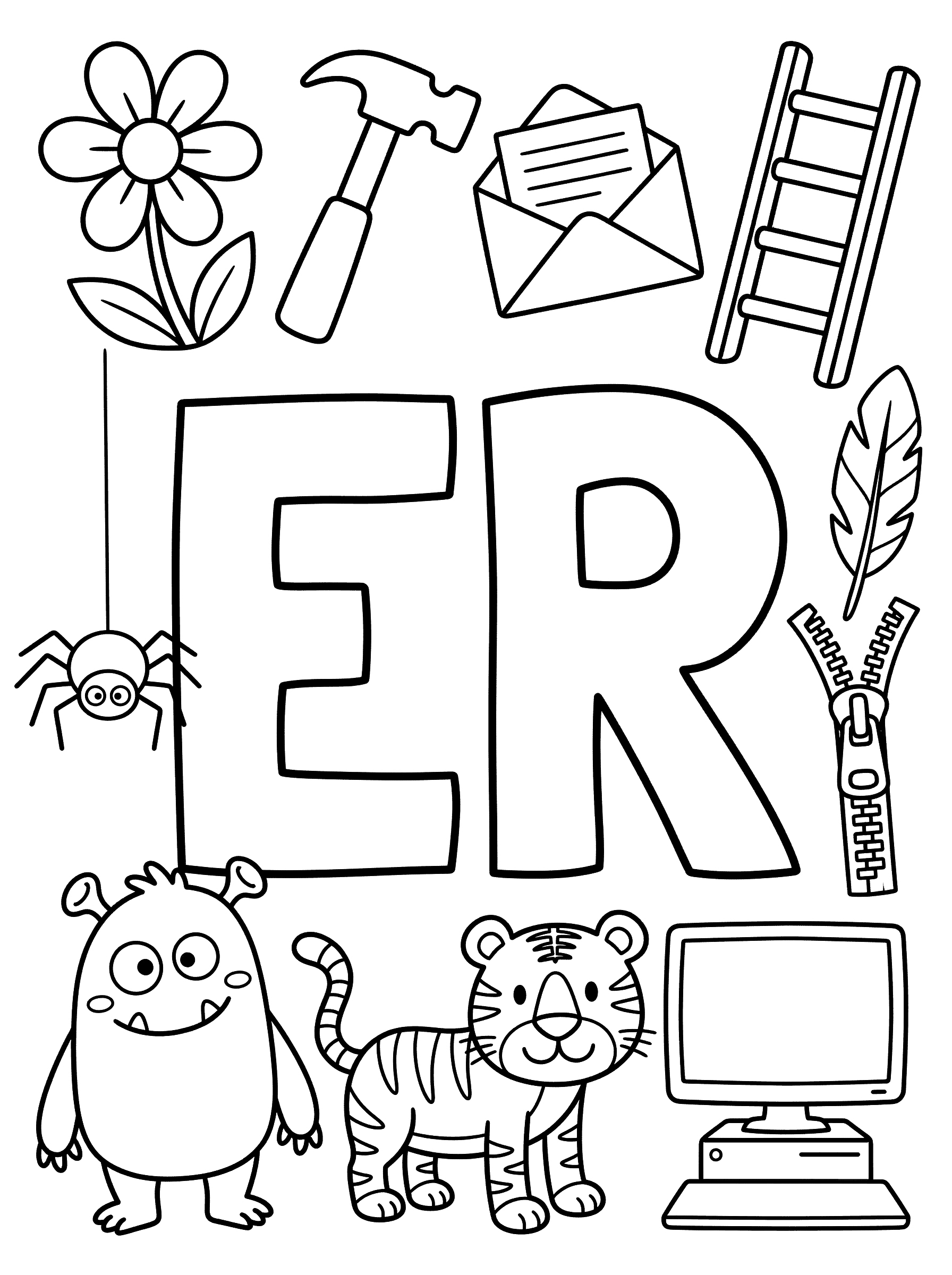 Letter ER Phonics Learning Coloring Page