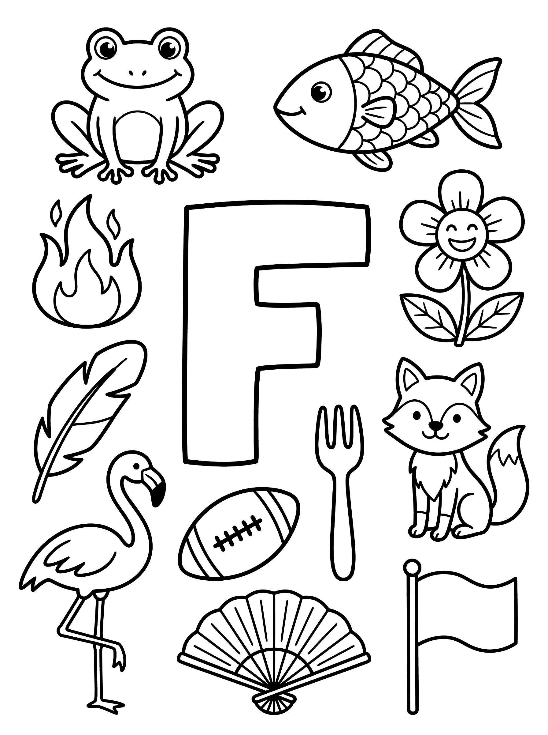 Letter F with Fun Objects Coloring Page