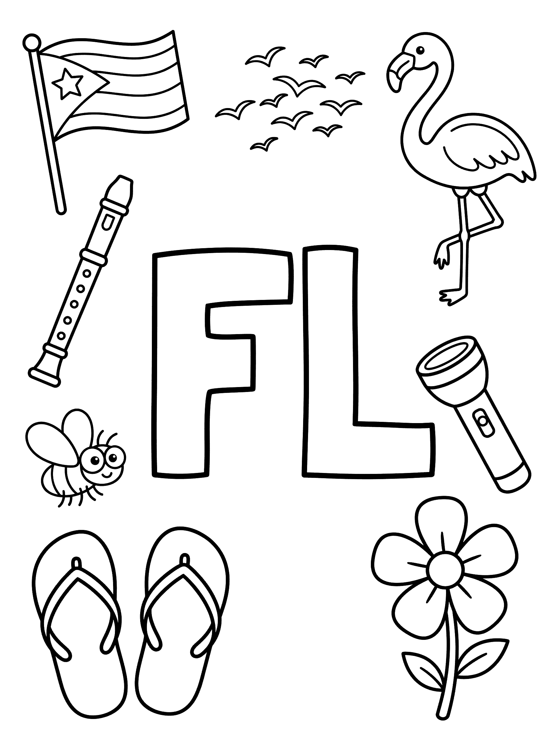 Letter FL Blend with Objects Coloring Page