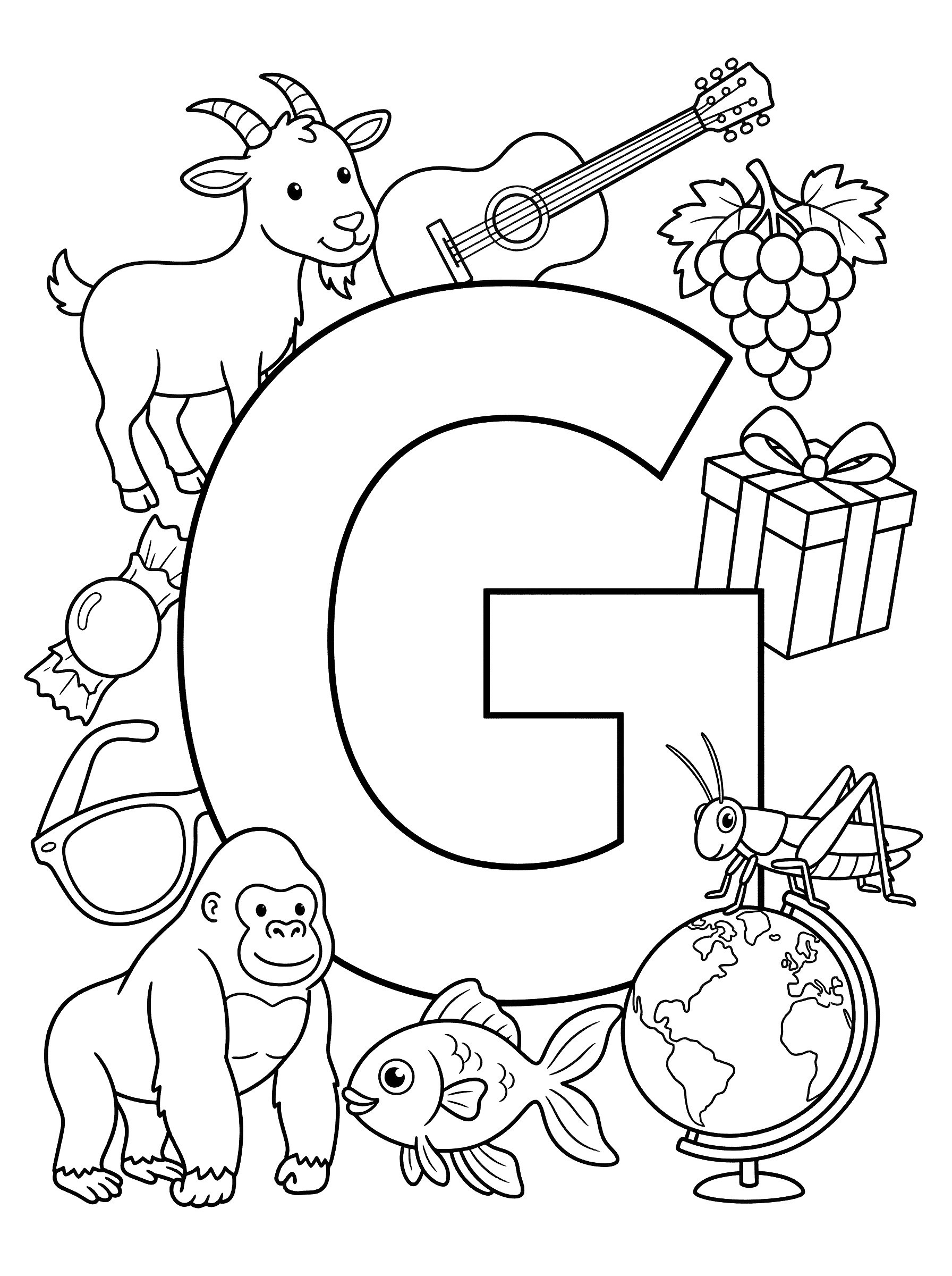 Letter G with Objects Coloring Page