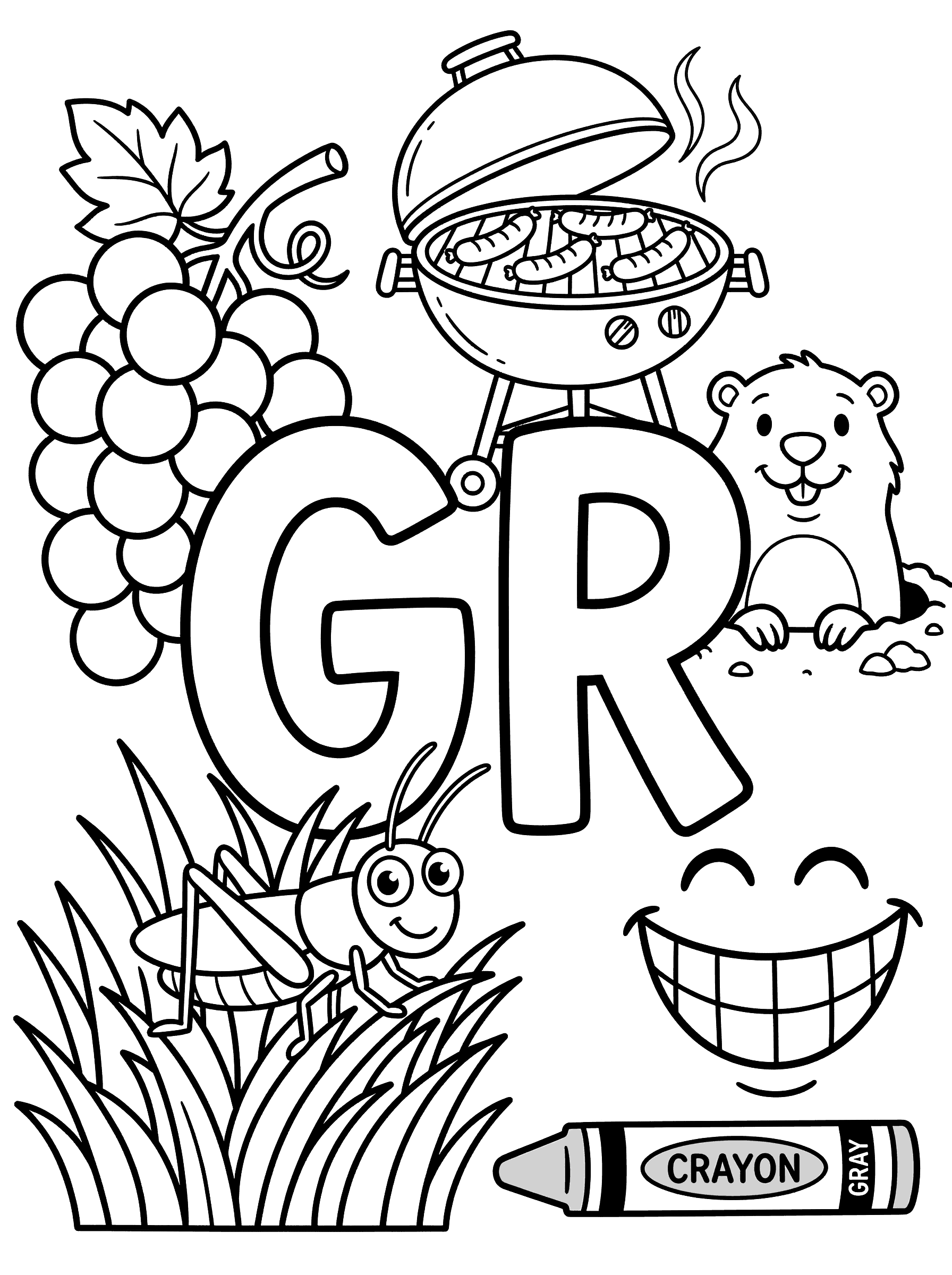 Letter GR Blend with Grapes Grasshopper and Grill Coloring Page