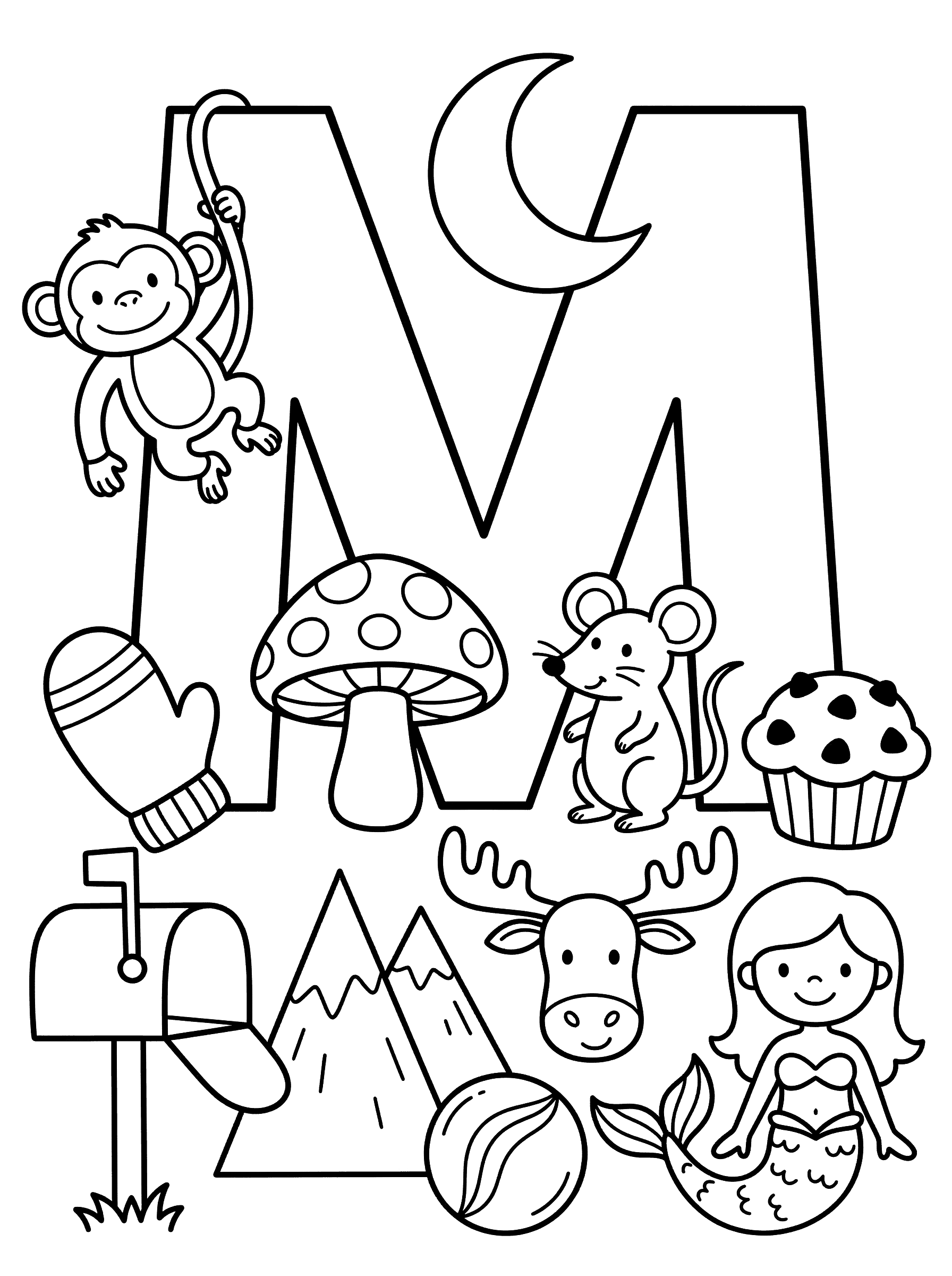 Letter M with M Words Learning Coloring Page