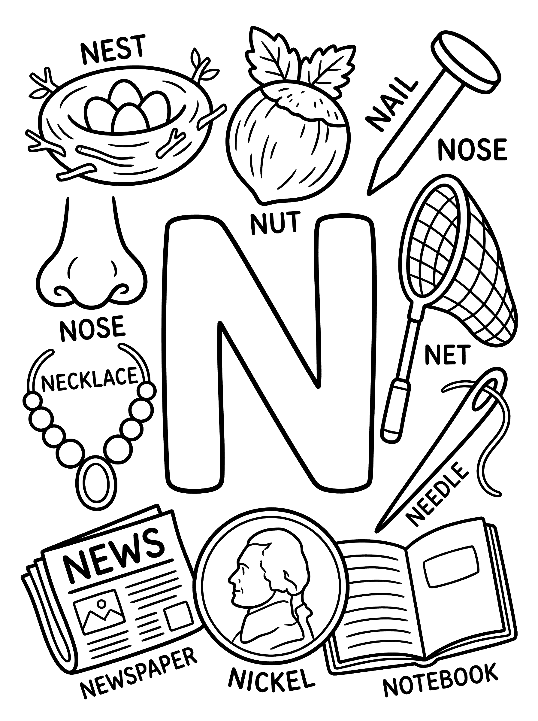 Letter N with Objects That Start with N Coloring Page