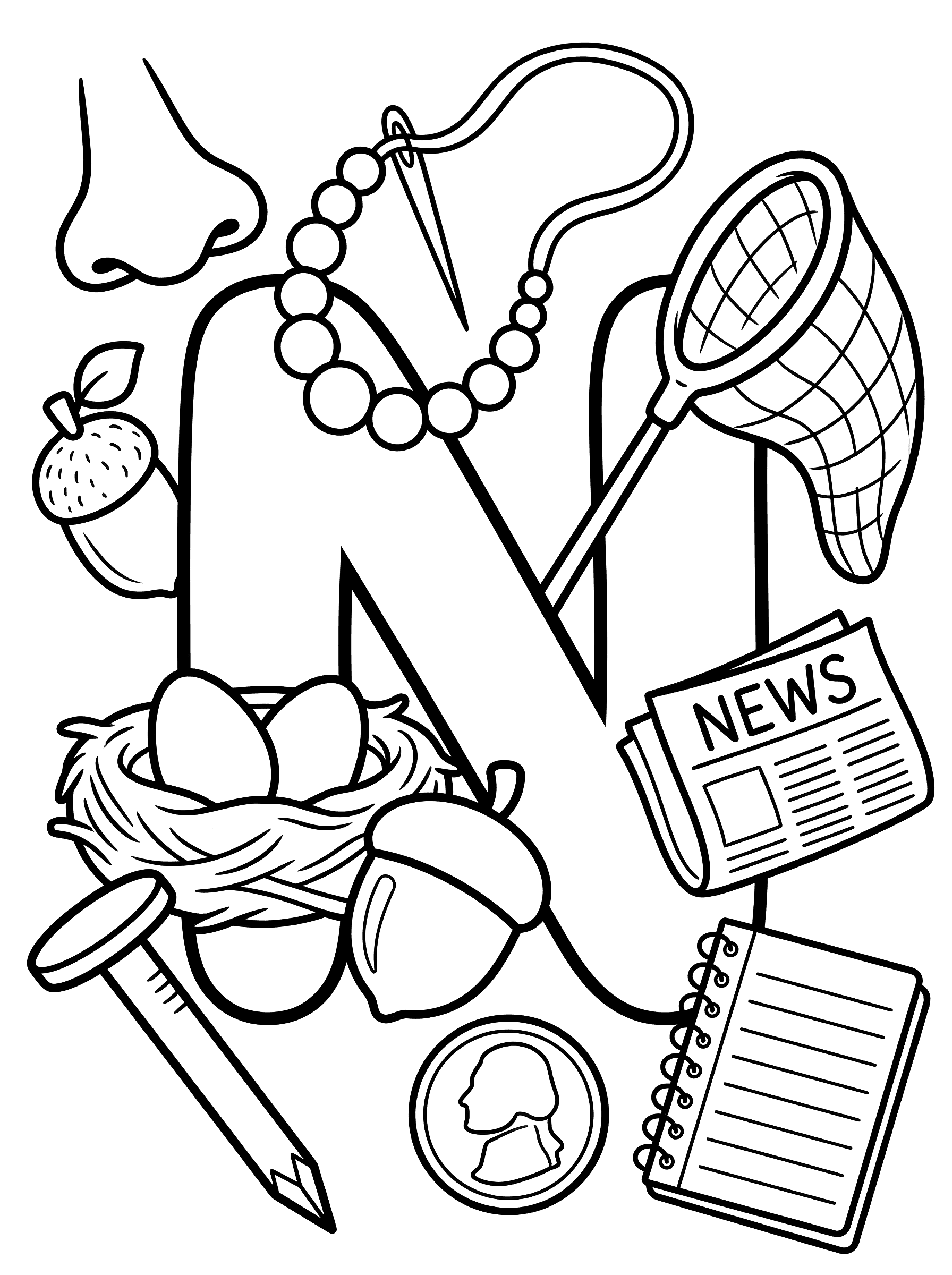 Letter N with Objects Coloring Page