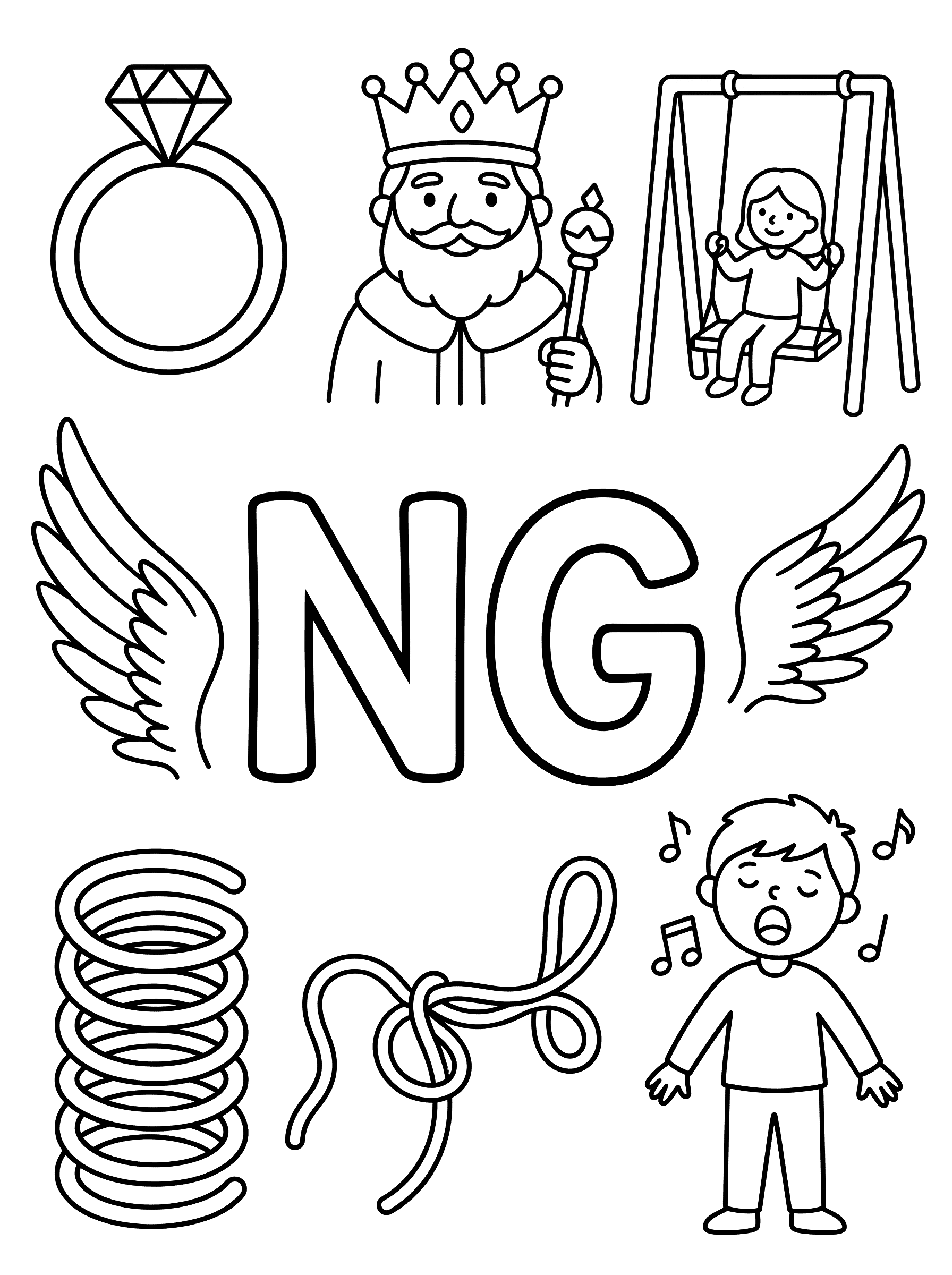 Letter NG Sound Words Coloring Page