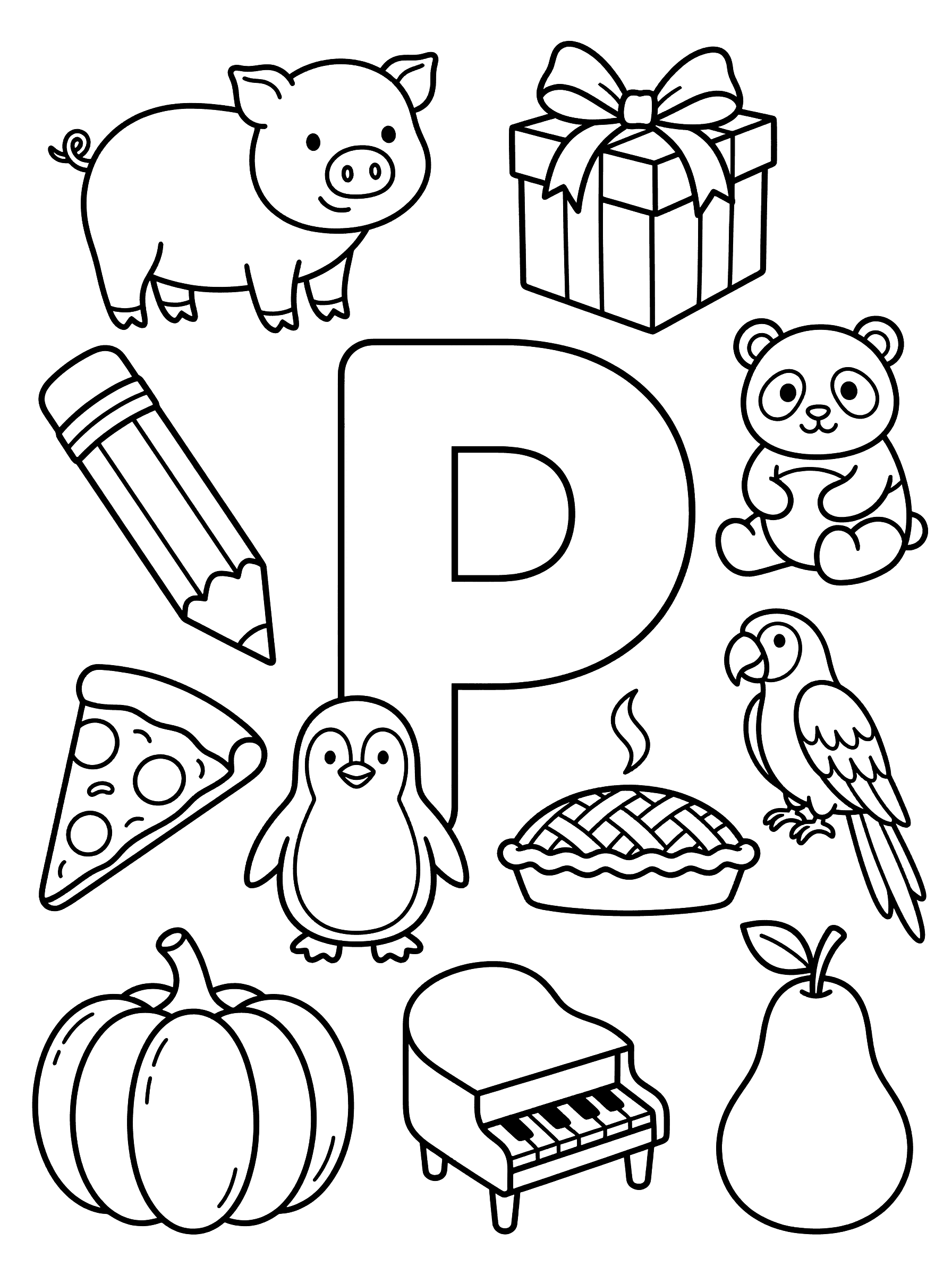 Letter P with Objects Coloring Page