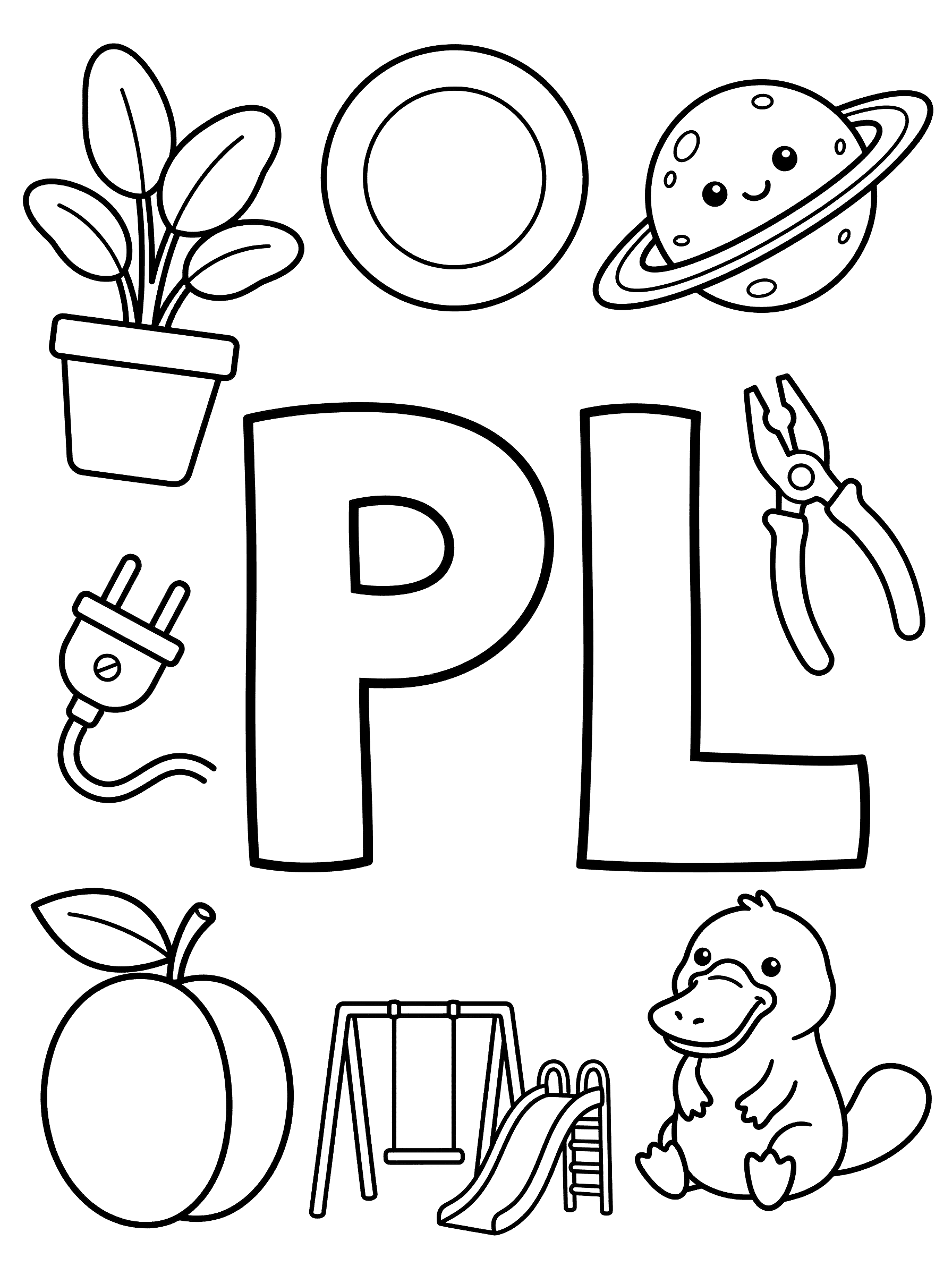 Letter PL Blend Words Coloring Page