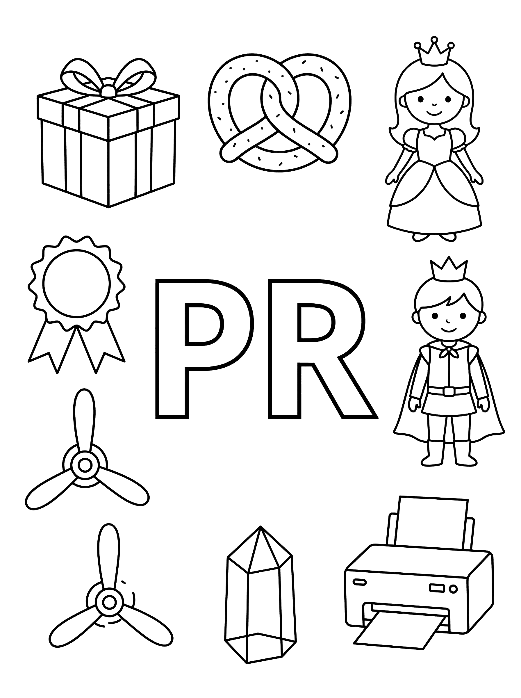Letter PR Blend with Princess Prince Present Coloring Page