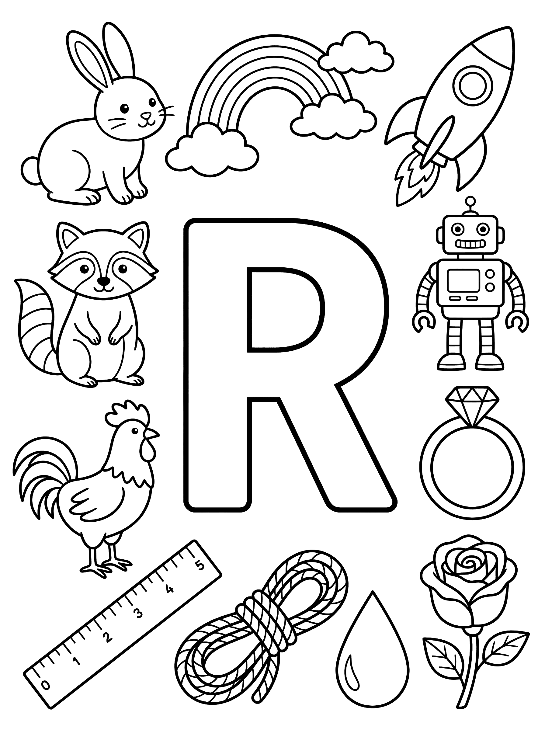 Letter R with Items Starting with R Coloring Page