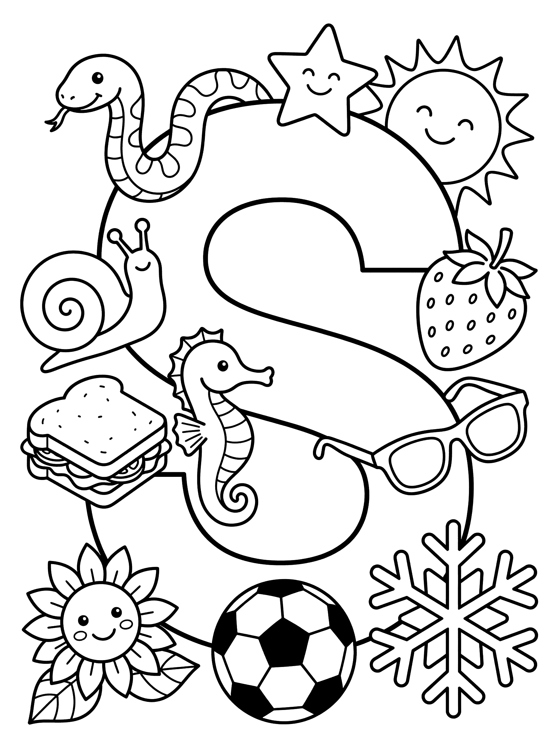 Letter S with Fun Objects Coloring Page