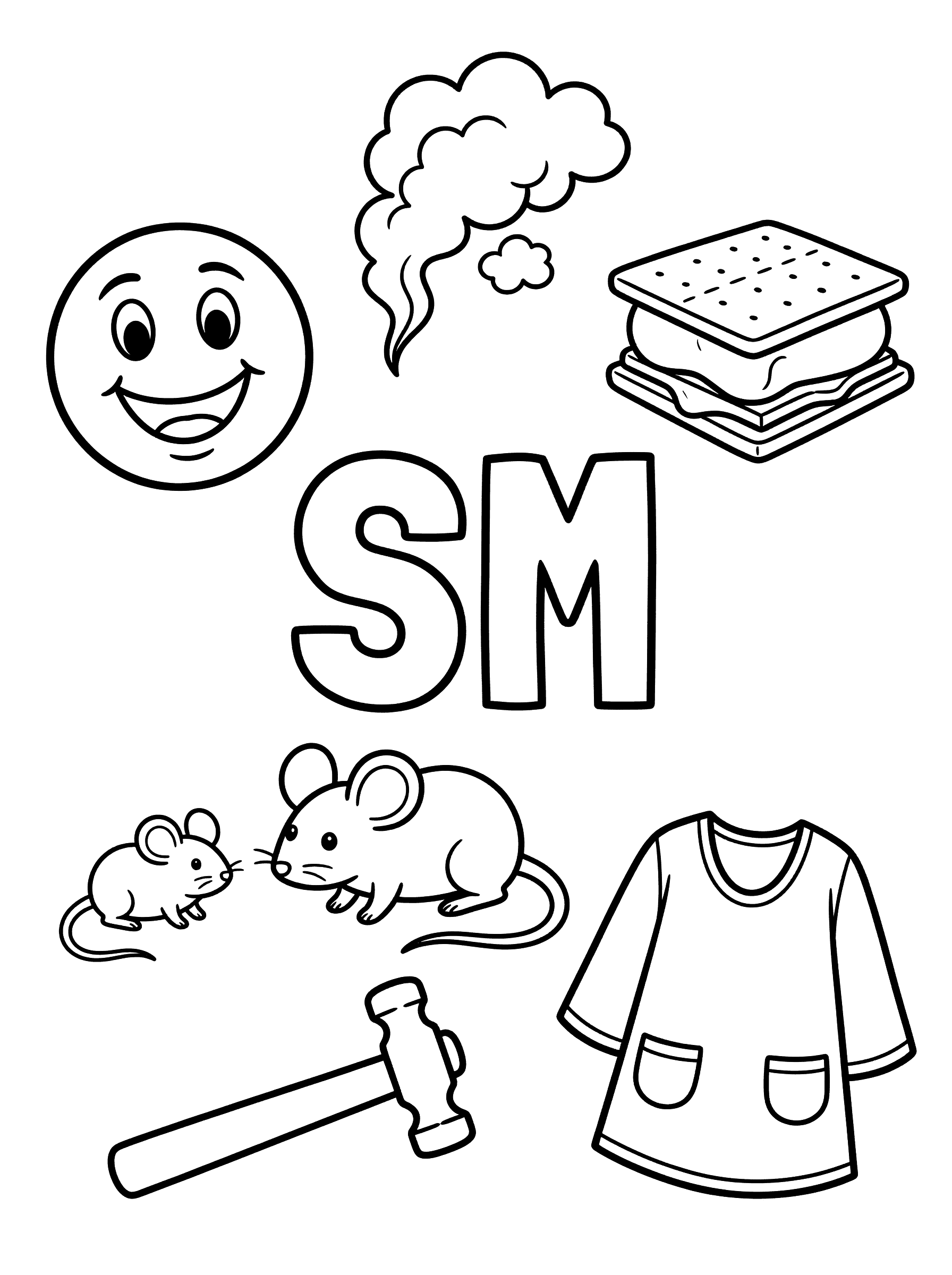 Letter SM Blend with Smiley Face and Items Coloring Page