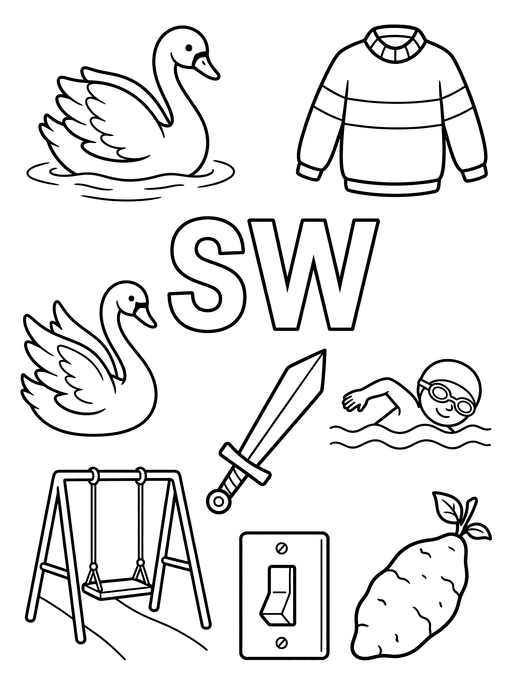 Letter SW Sound Blend with Objects Coloring Page