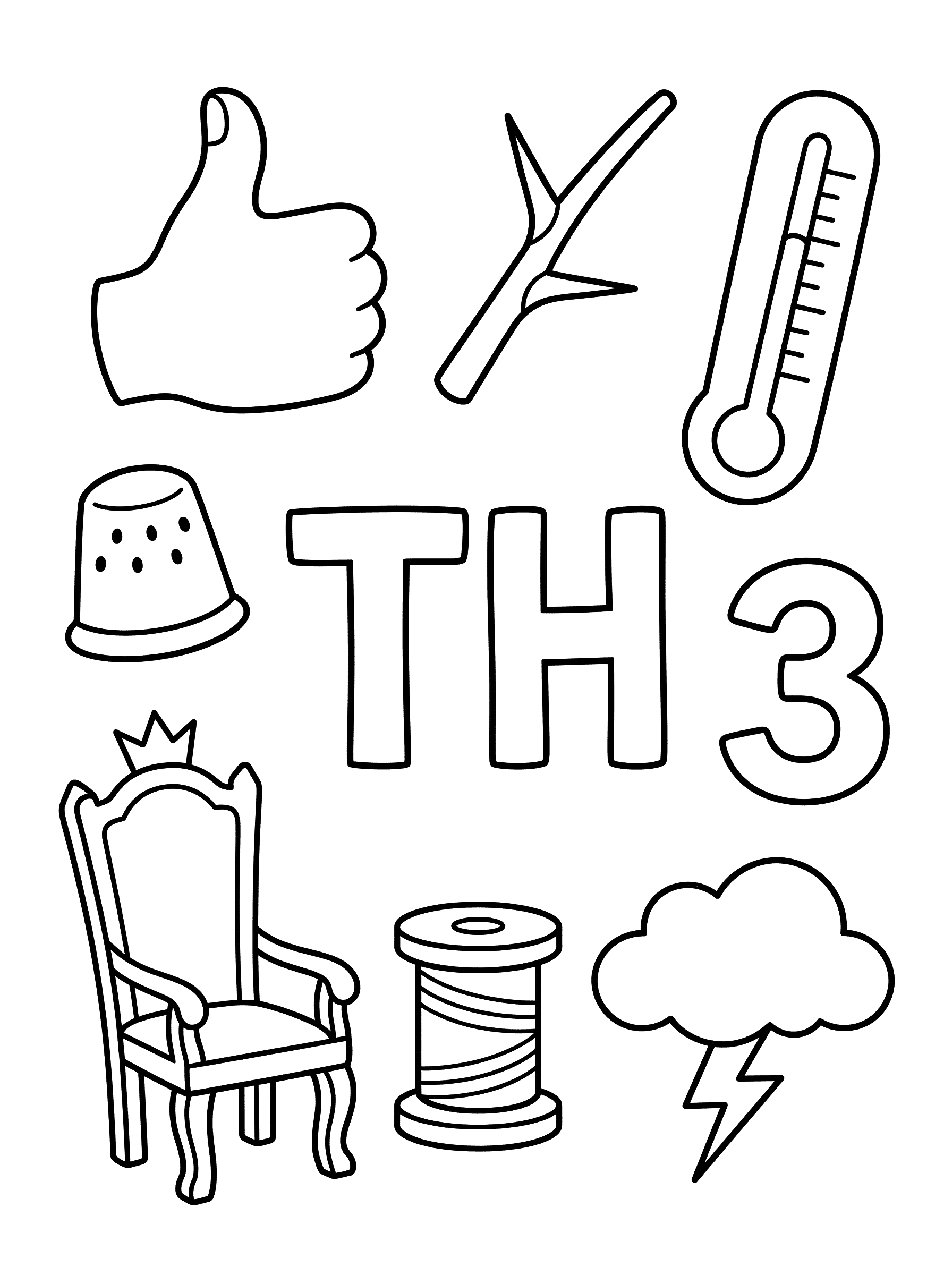 Letter TH with TH Sound Objects Coloring Page