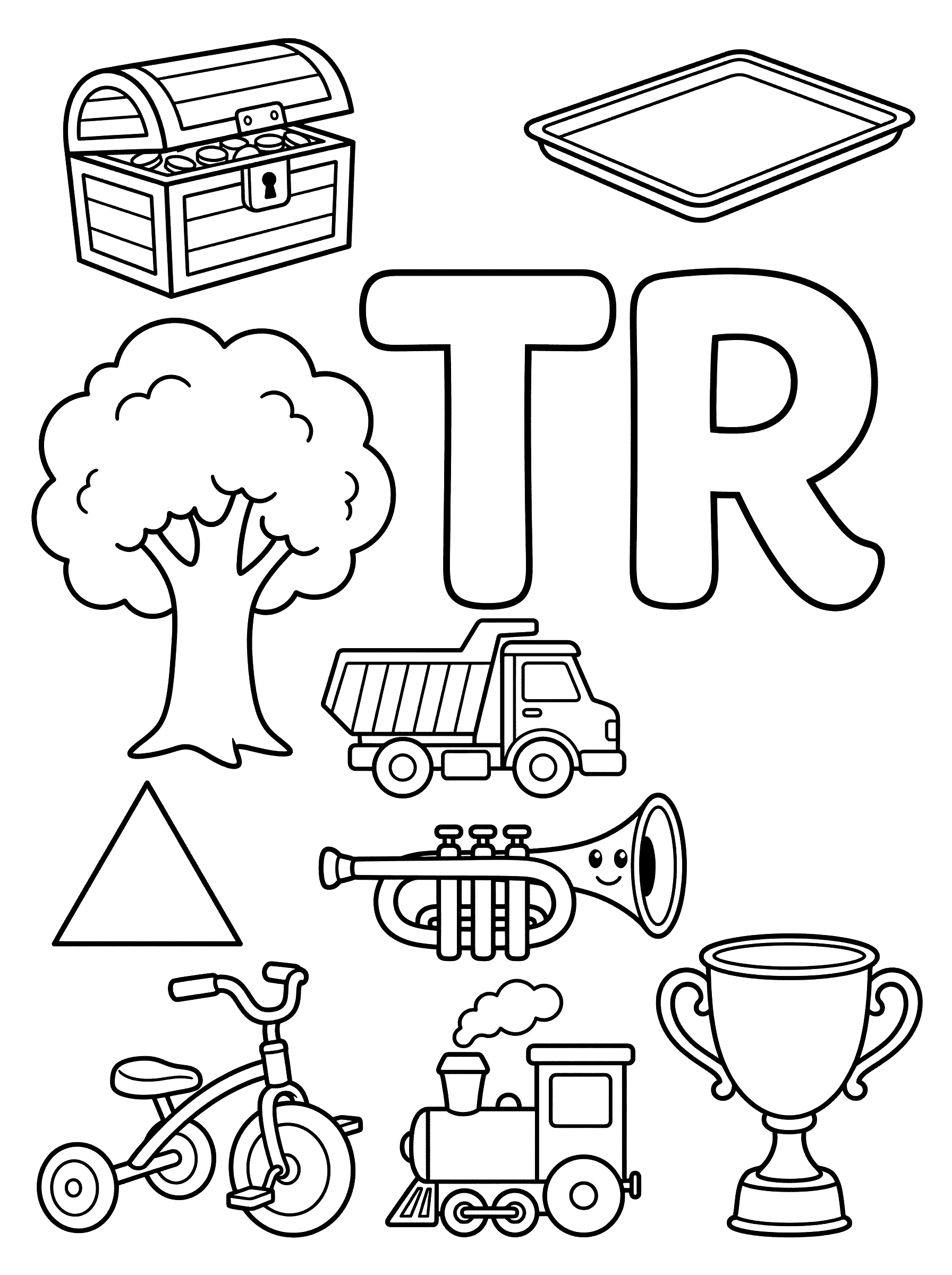 Letter TR Blend with Objects Coloring Page