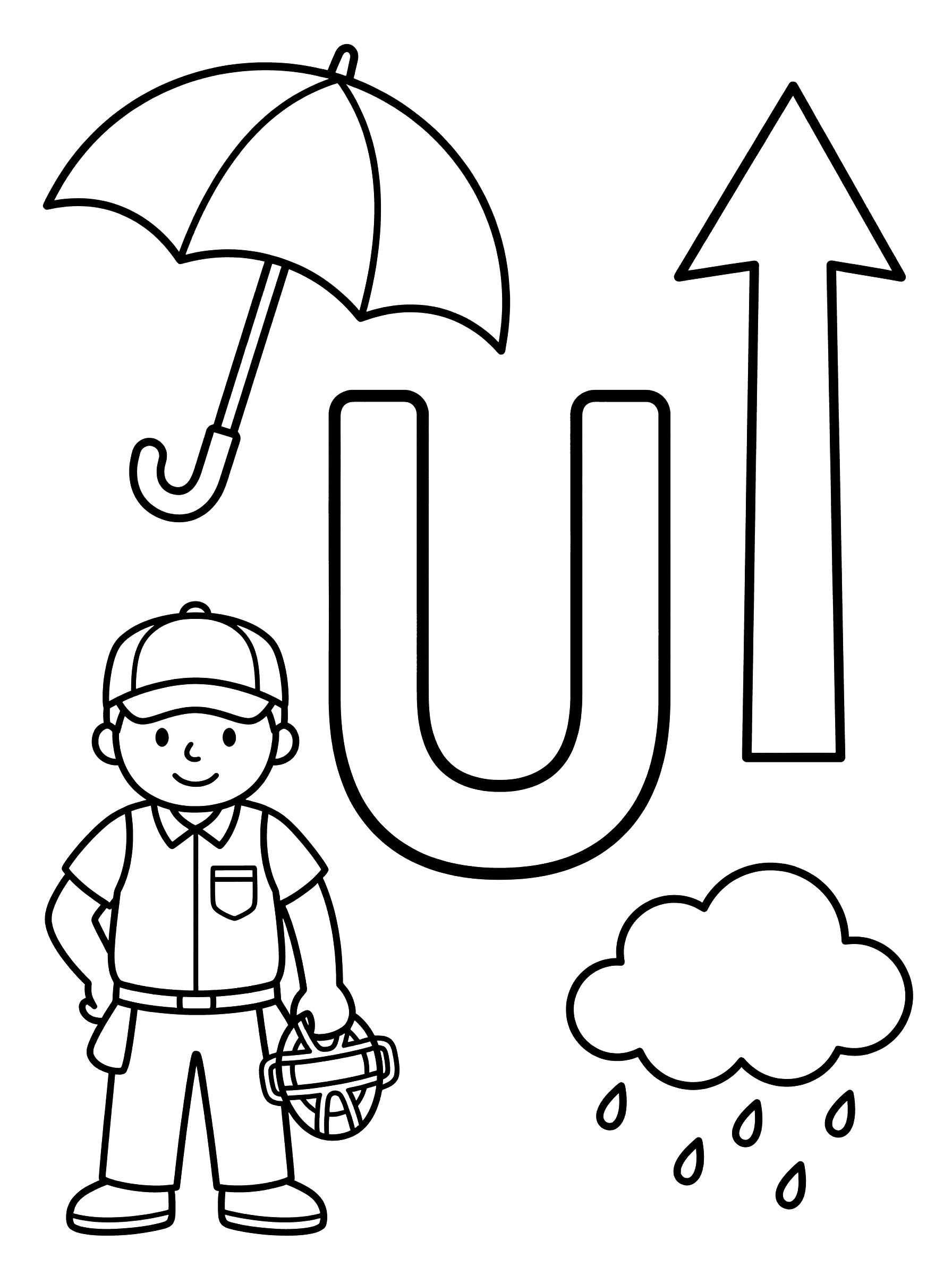 Letter U with Umbrella Umpire and Arrow Coloring Page