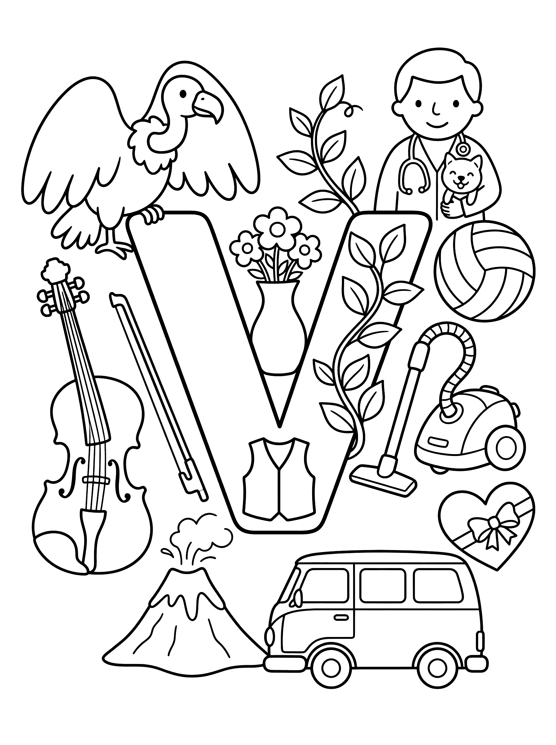 Letter V with V Words Coloring Page