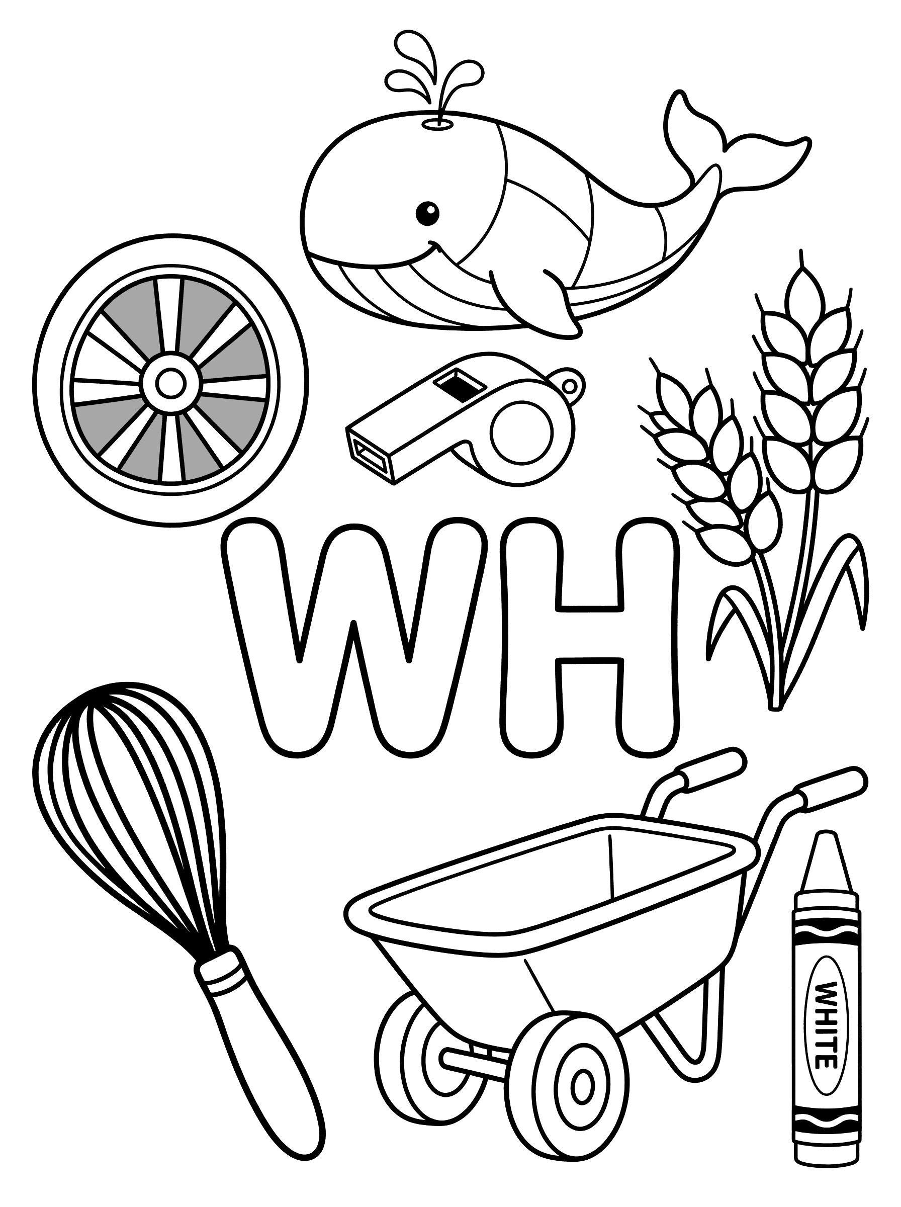 Letter WH with Objects That Start with WH Sound Coloring Page