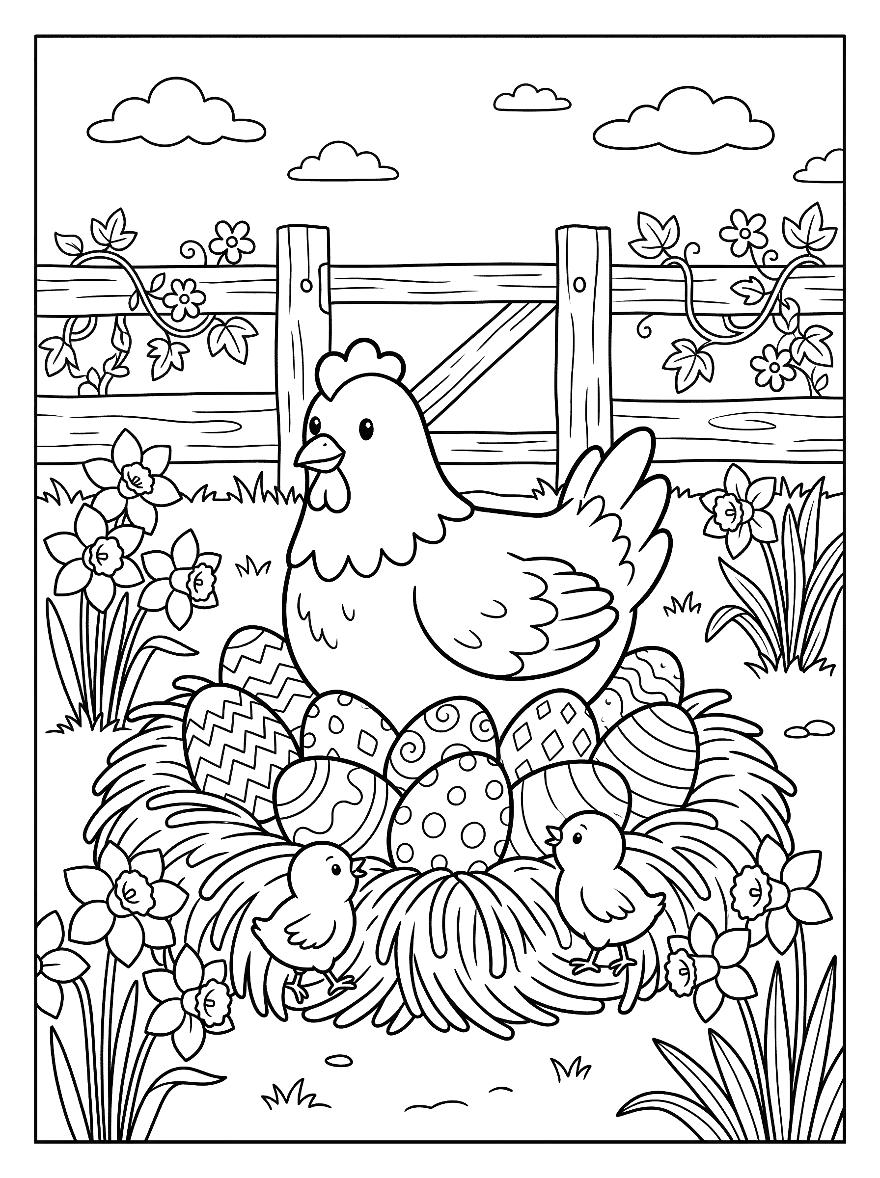 Mother Hen Sitting on Easter Egg Nest Coloring Page