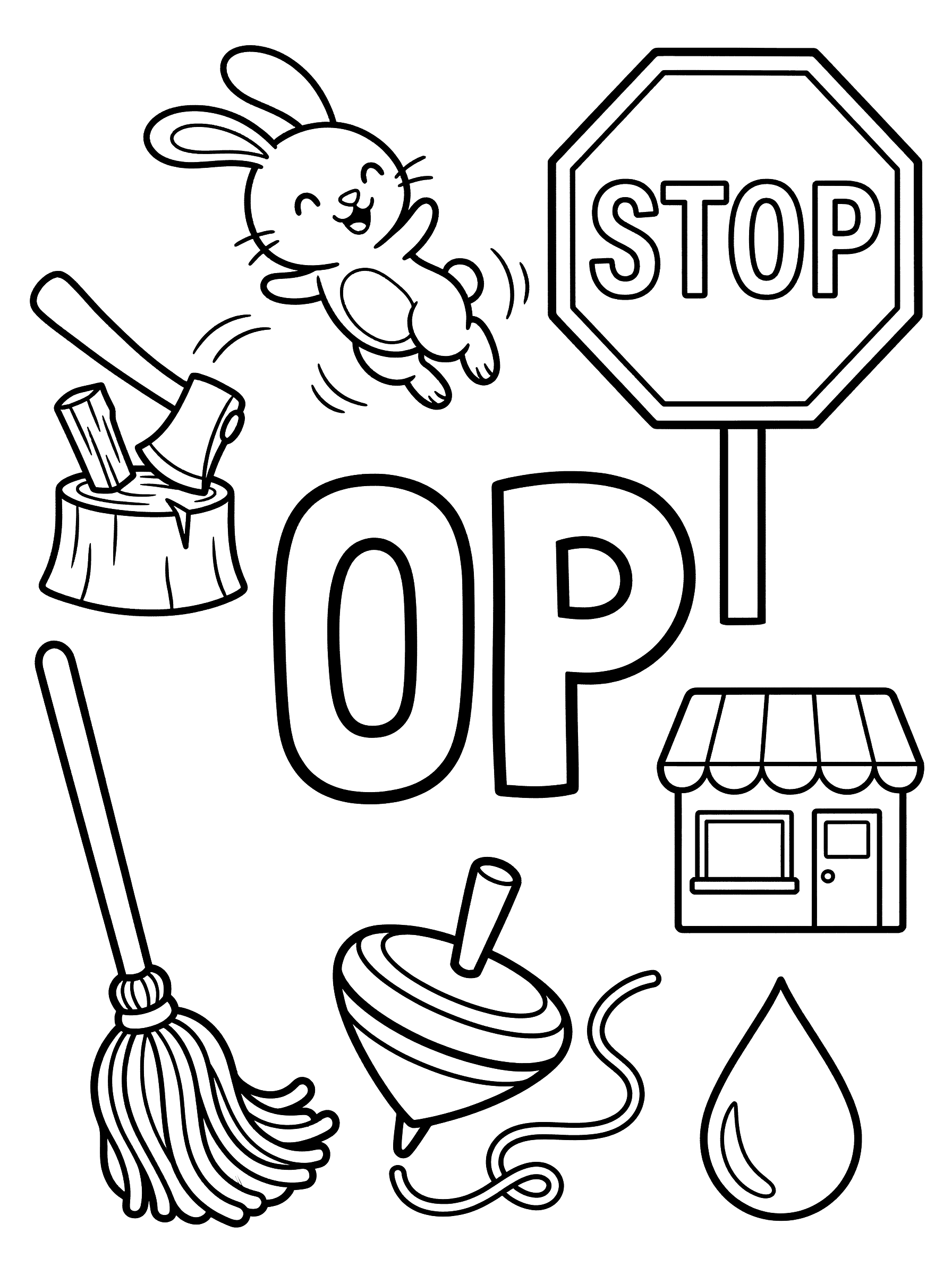 OP Word Family Letters and Objects Coloring Page