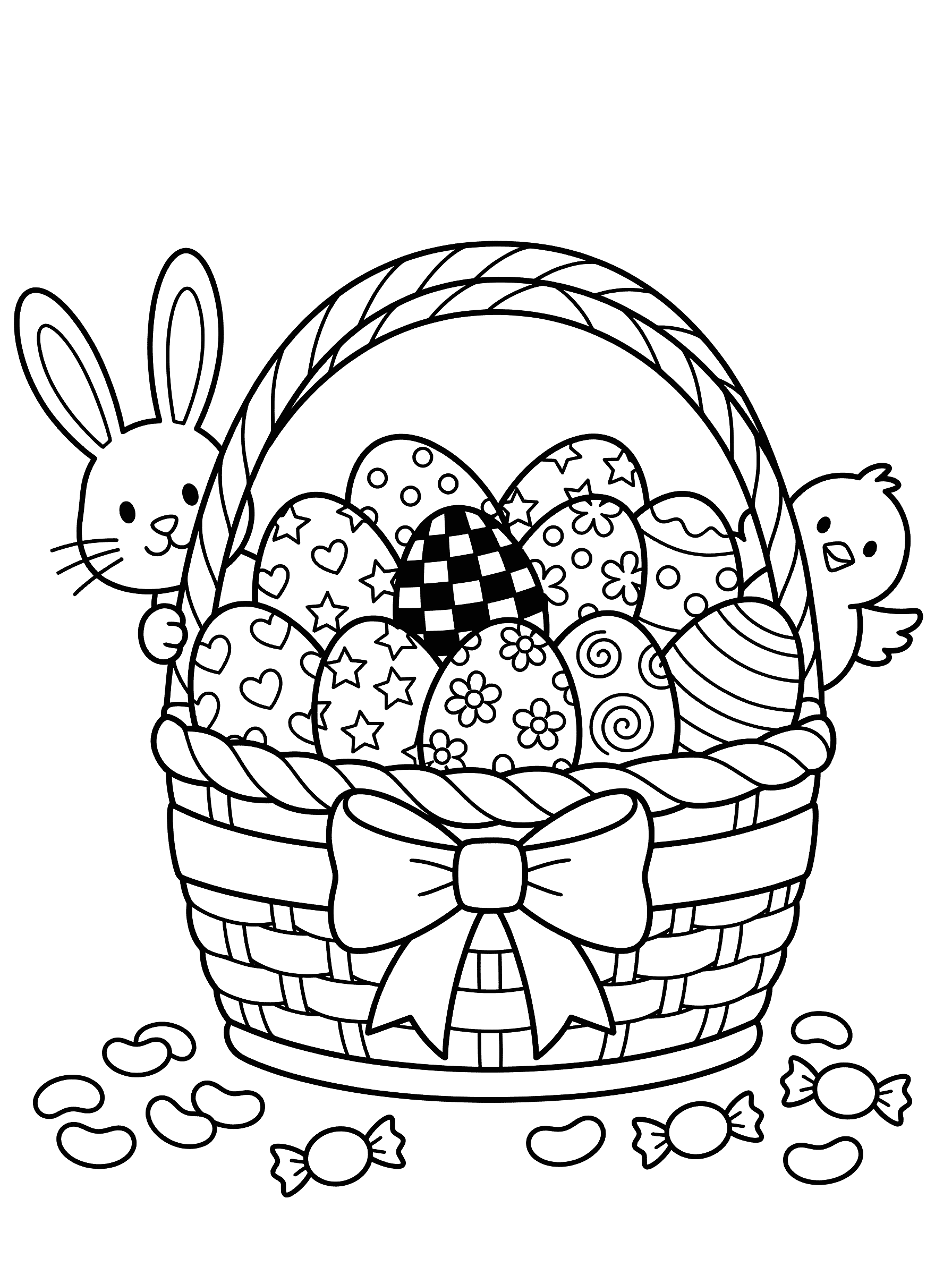 Overflowing Easter Basket With Patterned Eggs Coloring Page
