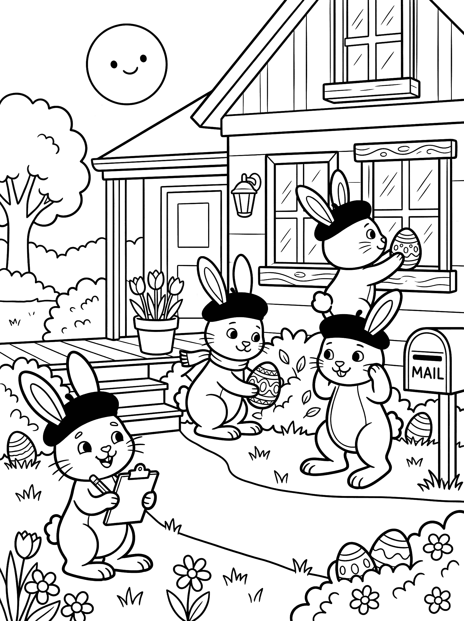 Secret Agent Bunnies Hiding Eggs at Night Coloring Page