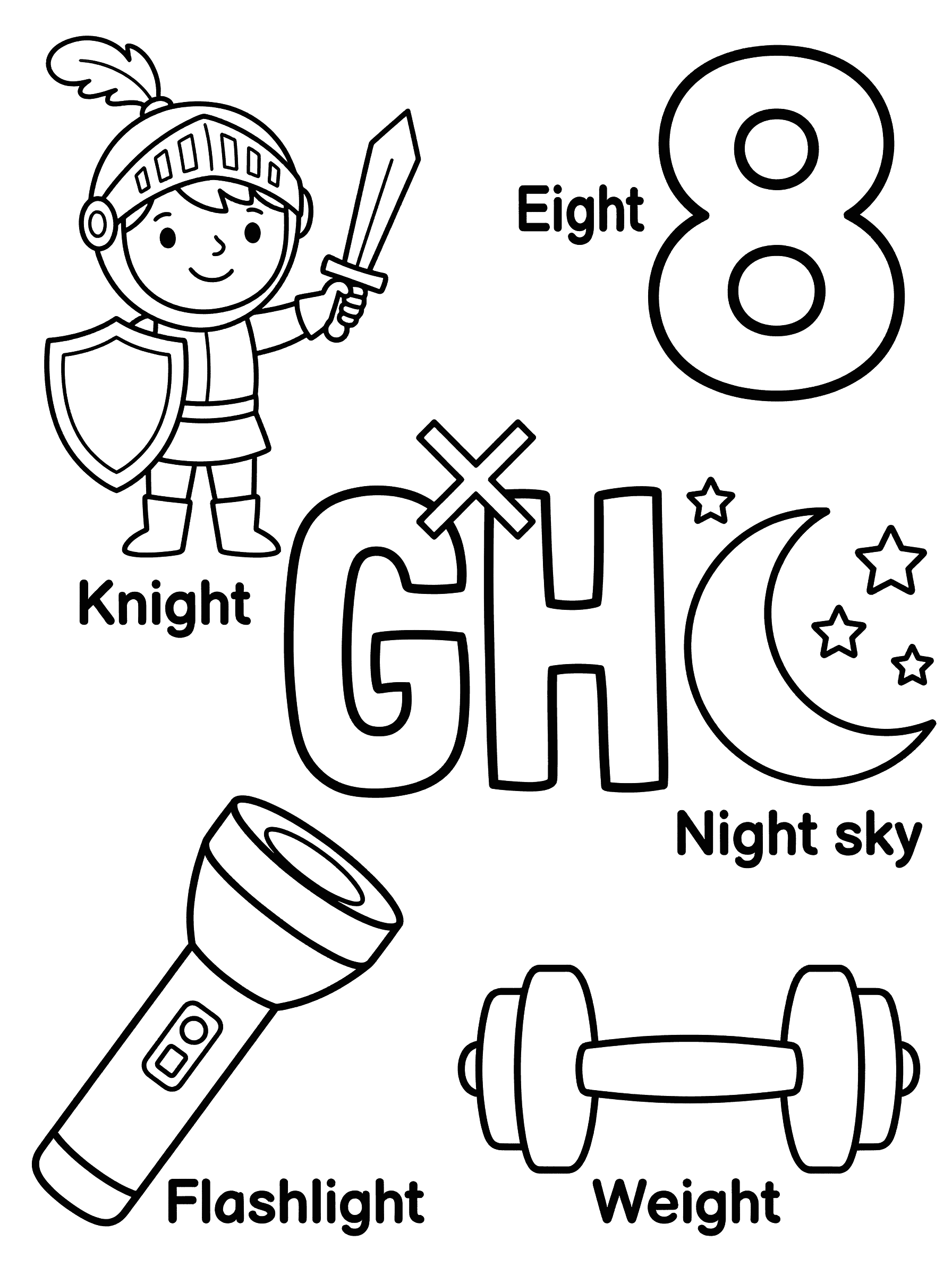 Silent GH Letters Learning Coloring Page