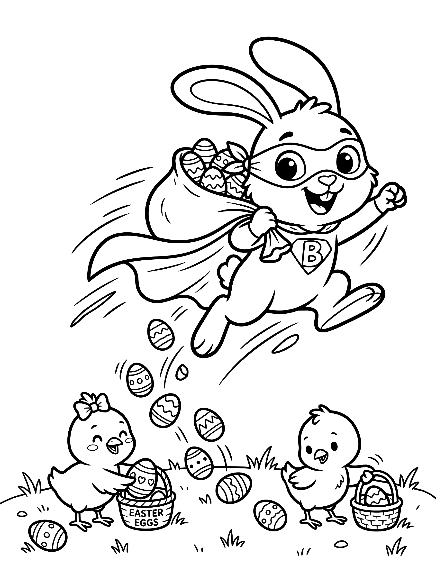 Superhero Bunny Delivering Easter Eggs Coloring Page